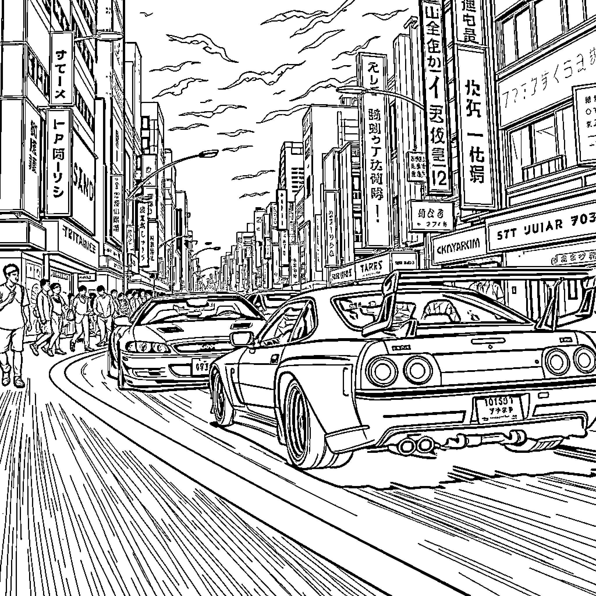 Car racing through busy city street Coloring Page (free black-and-white line drawing printable PDF for all, from beginners to advanced learners, including children, teens, adults, and seniors)