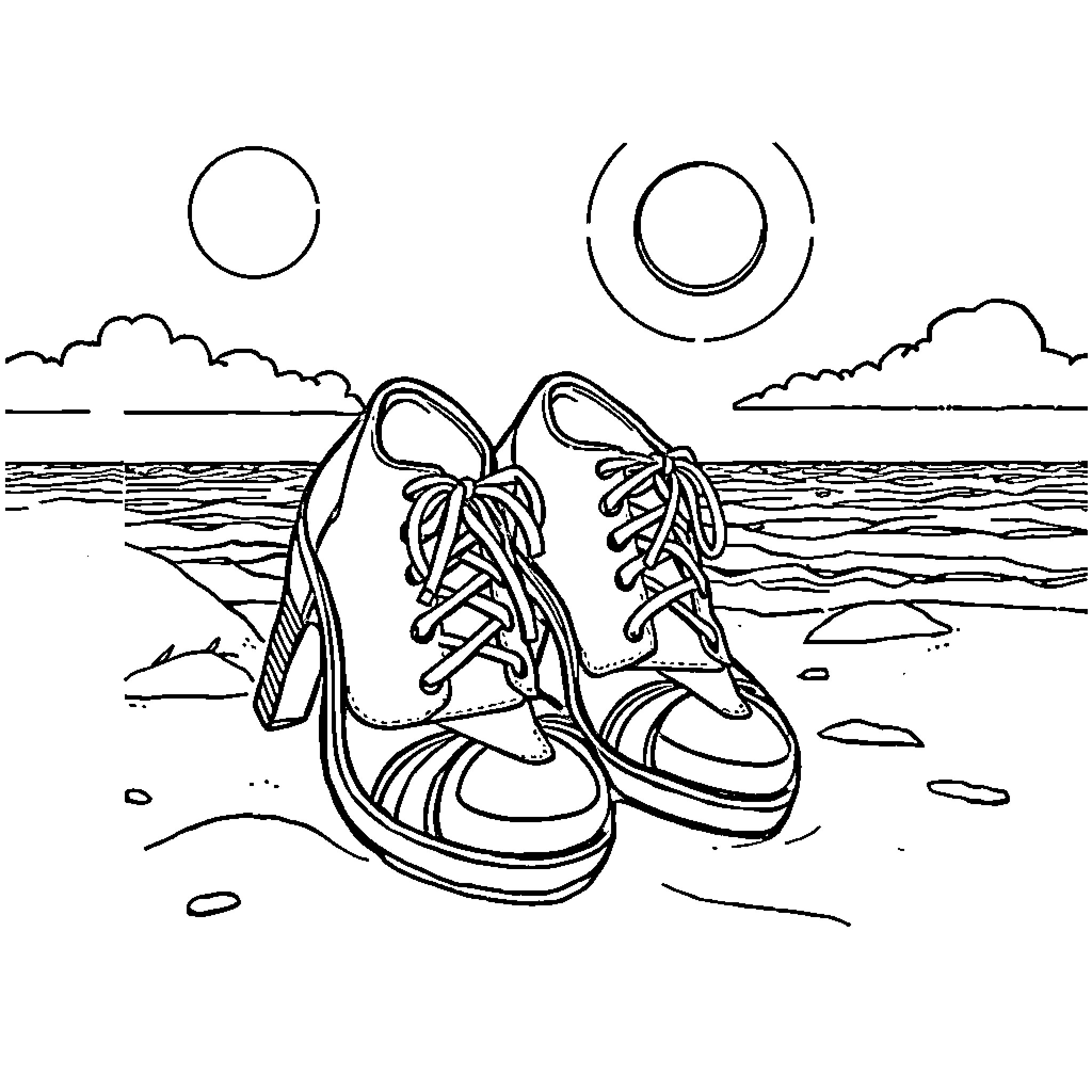Shoe walking on the beach in nature Coloring Page (free black-and-white line drawing printable PDF for all, from beginners to advanced learners, including children, teens, adults, and seniors)
