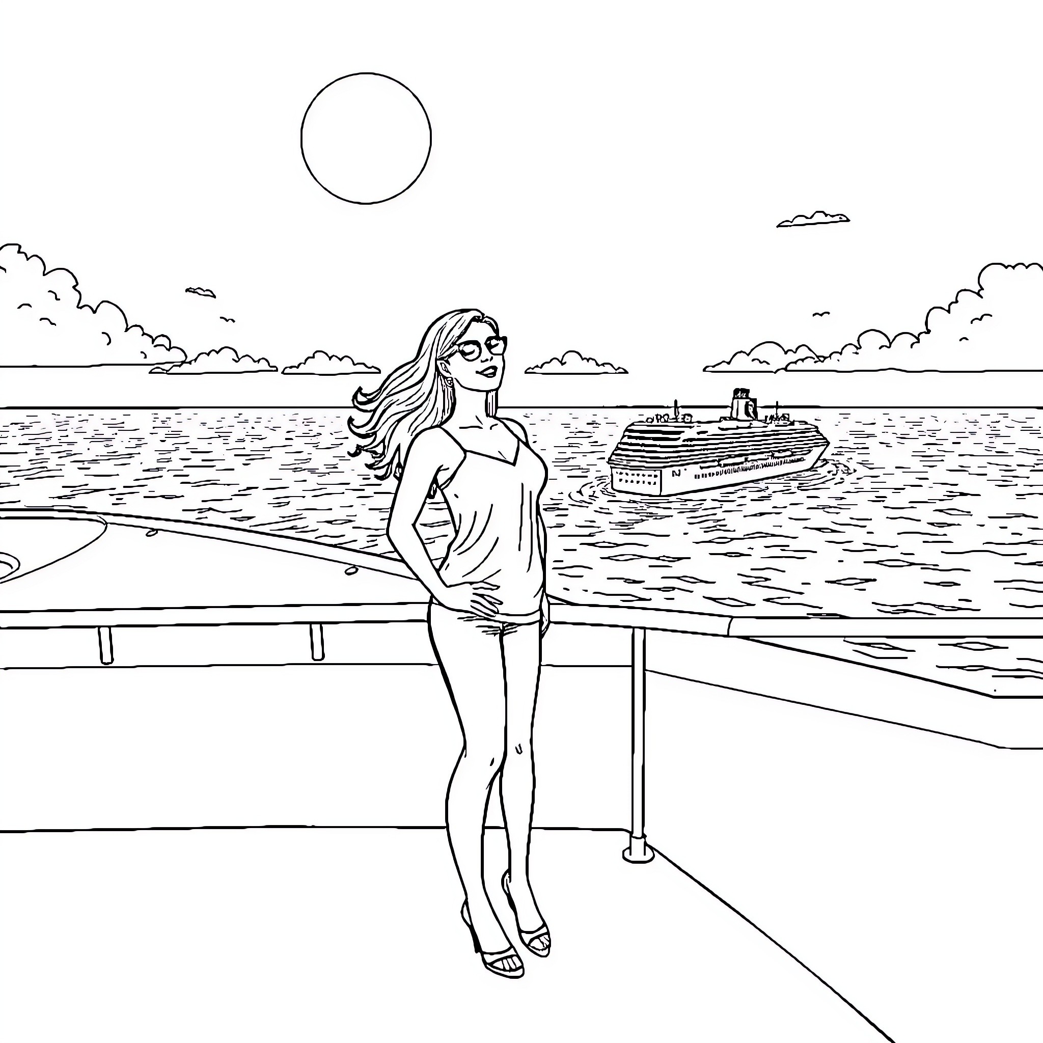 Valérie Cabral enjoying a scenic waterfront view Coloring Page (free black-and-white line drawing printable PDF for all, from beginners to advanced learners, including children, teens, adults, and seniors)
