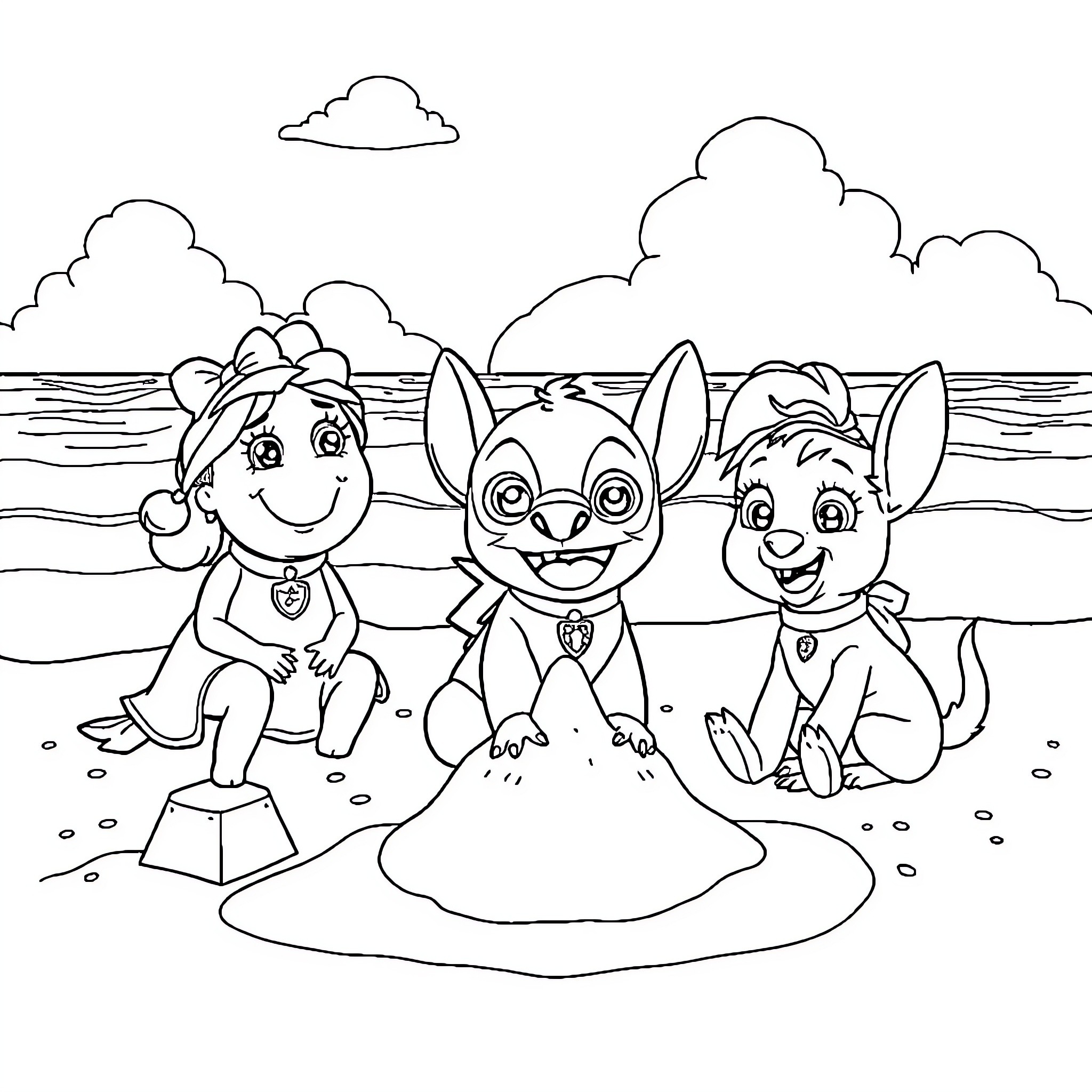 Peppa and friends playing on the beach Coloring Page (free black-and-white line drawing printable PDF for all, from beginners to advanced learners, including children, teens, adults, and seniors)