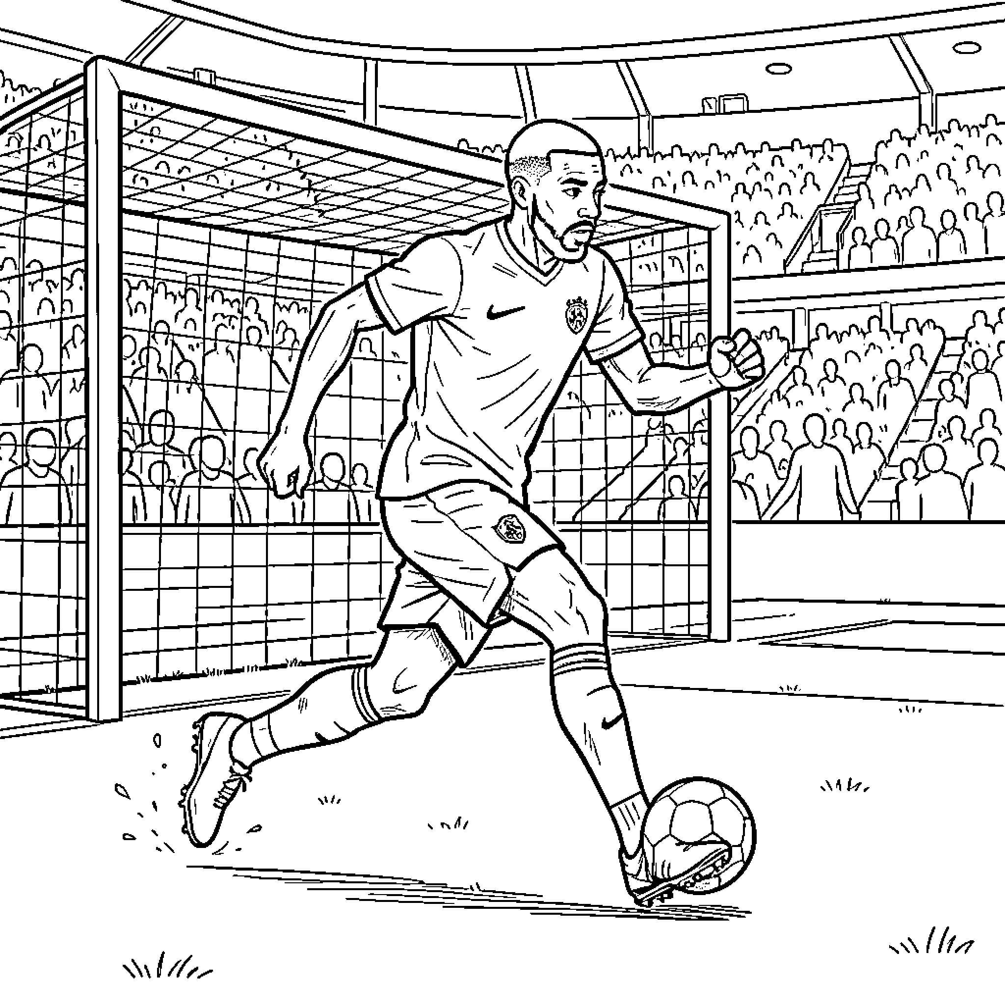 Mbappe dribbling a soccer ball towards the goal Coloring Page (free black-and-white line drawing printable PDF for all, from beginners to advanced learners, including children, teens, adults, and seniors)