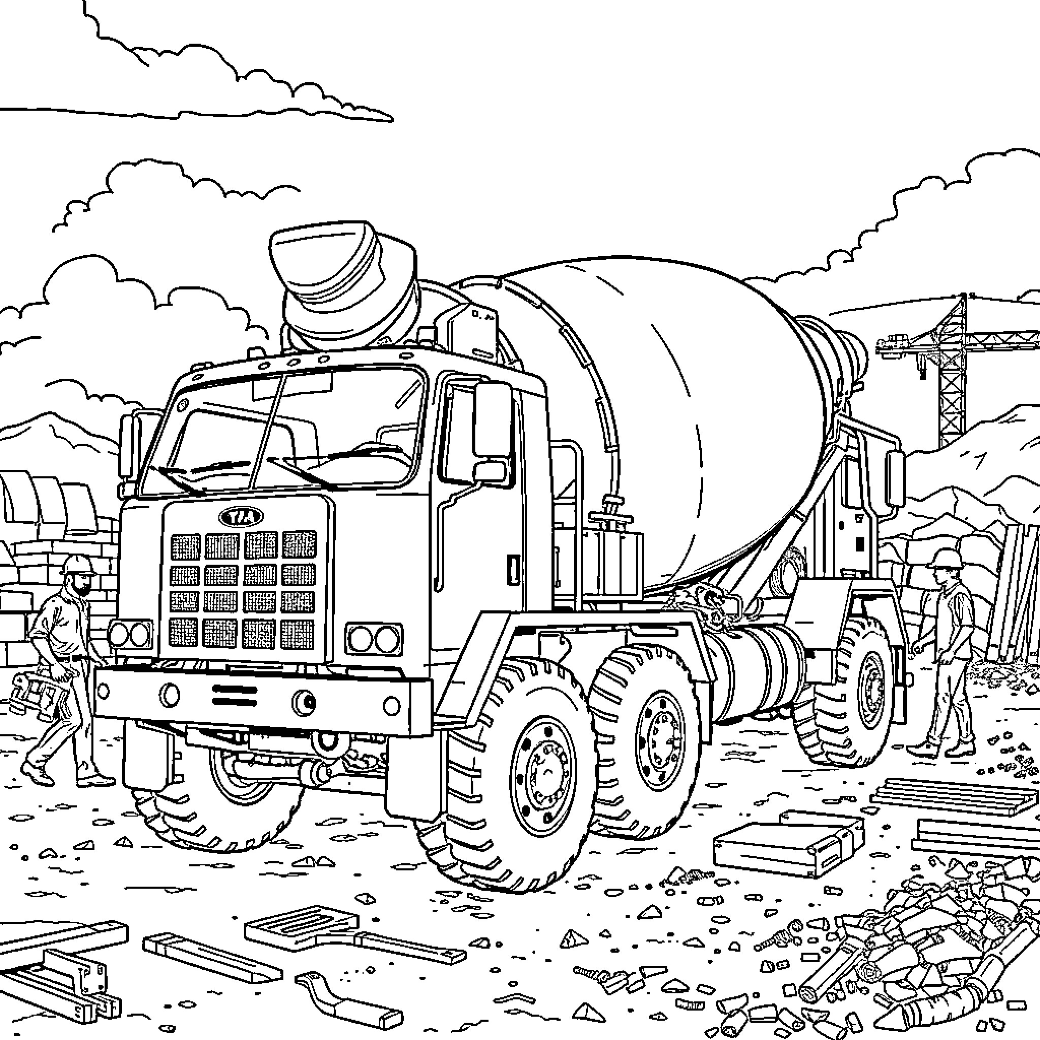 Concrete Truck Transporting Materials at a Construction Site Coloring Page (free black-and-white line drawing printable PDF for all, from beginners to advanced learners, including children, teens, adults, and seniors)