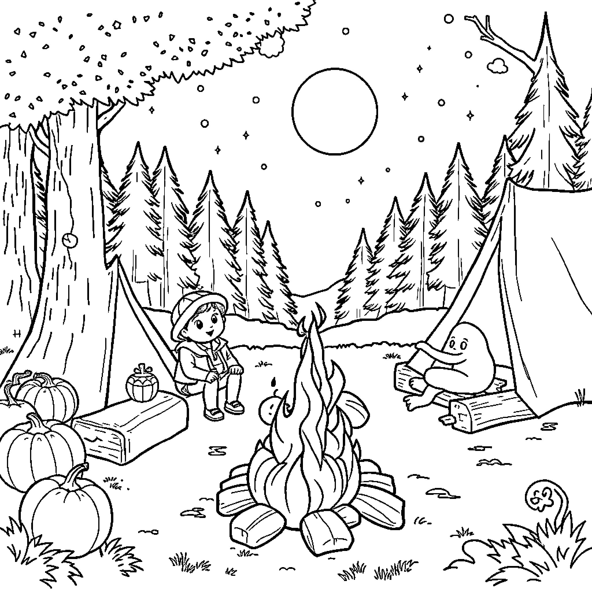 Pumpkin camping adventure in the forest Coloring Page (free black-and-white line drawing printable PDF for all, from beginners to advanced learners, including children, teens, adults, and seniors)