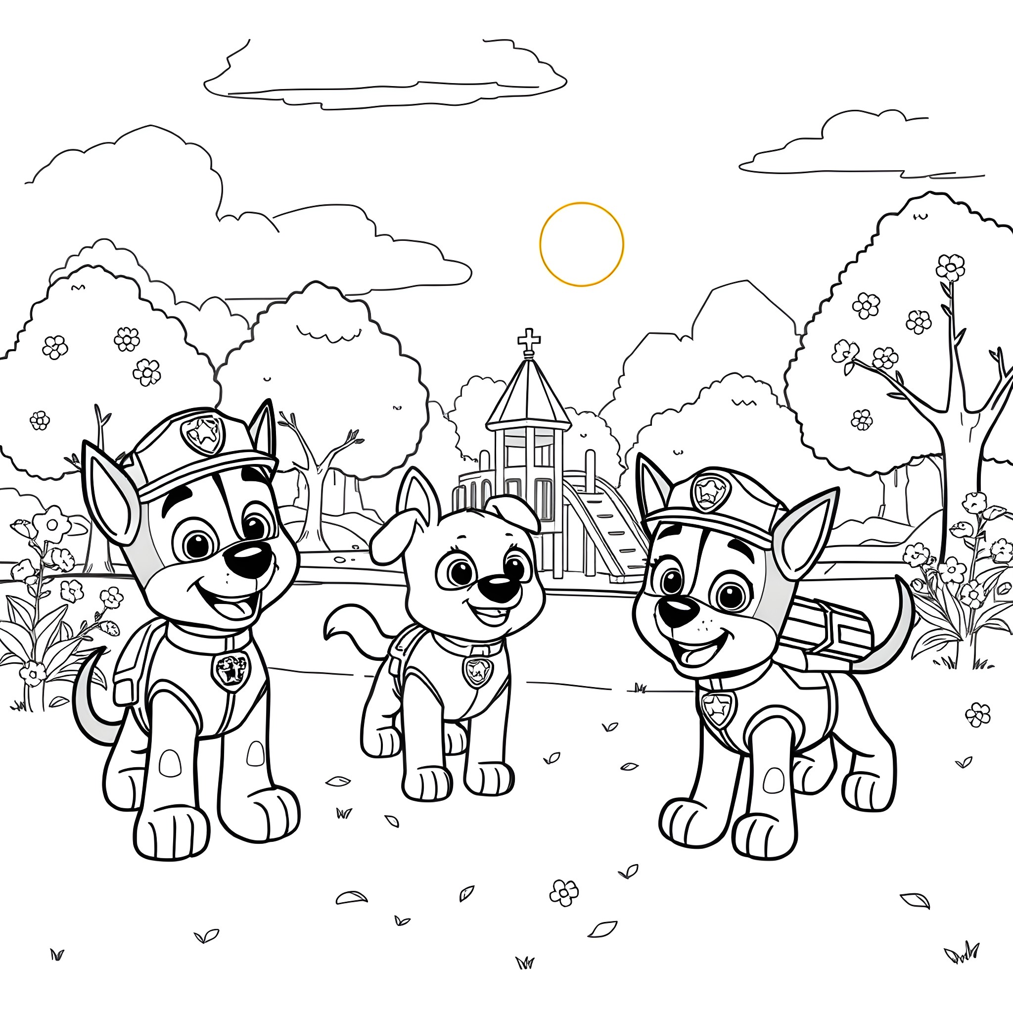 Paw Patrol pups on patrol in the town Coloring Page (free black-and-white line drawing printable PDF for all, from beginners to advanced learners, including children, teens, adults, and seniors)