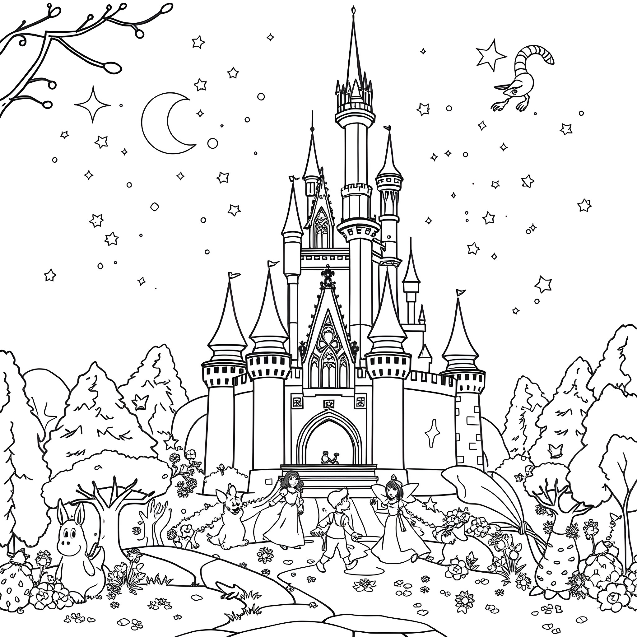 Disney castle with characters enjoying magical landscape Coloring Page (free black-and-white line drawing printable PDF for all, from beginners to advanced learners, including children, teens, adults, and seniors)