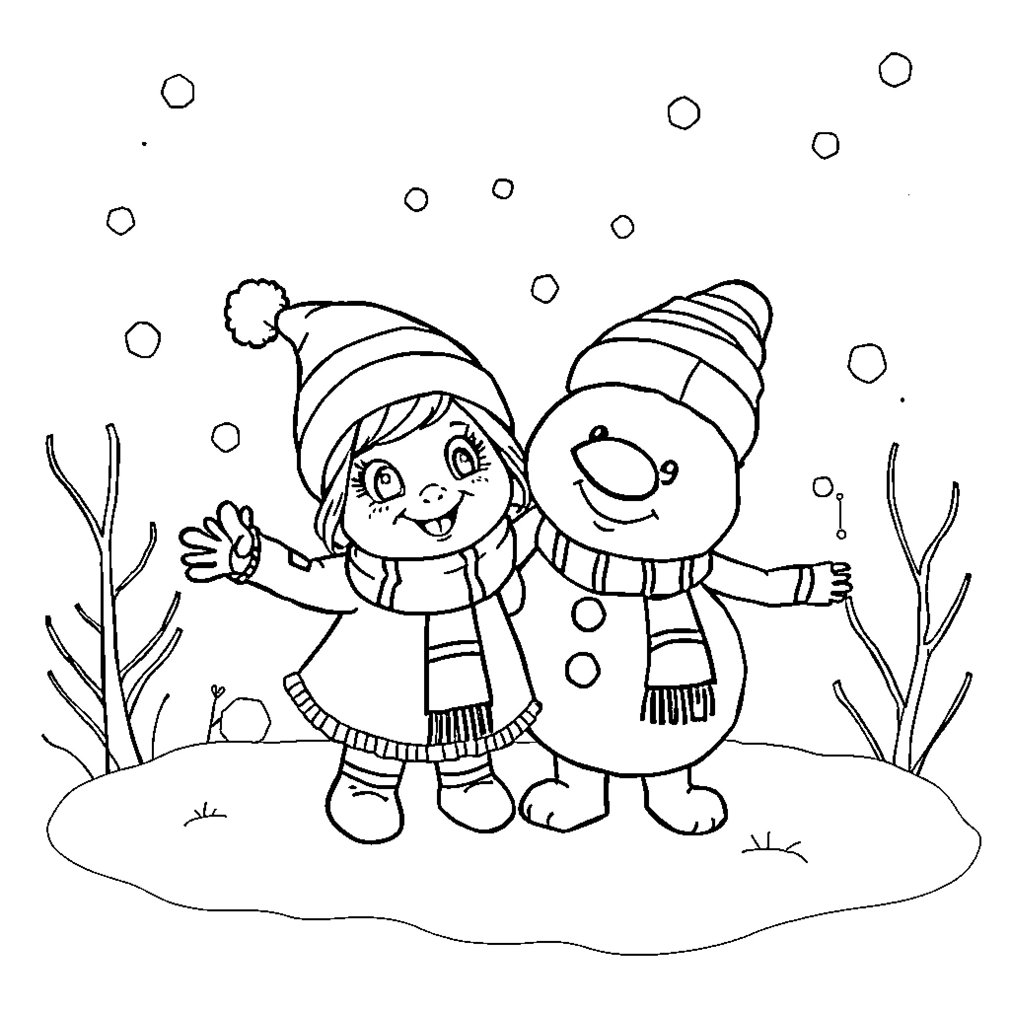 Elsa and Olaf playing in the winter wonderland Coloring Page (free black-and-white line drawing printable PDF for all, from beginners to advanced learners, including children, teens, adults, and seniors)