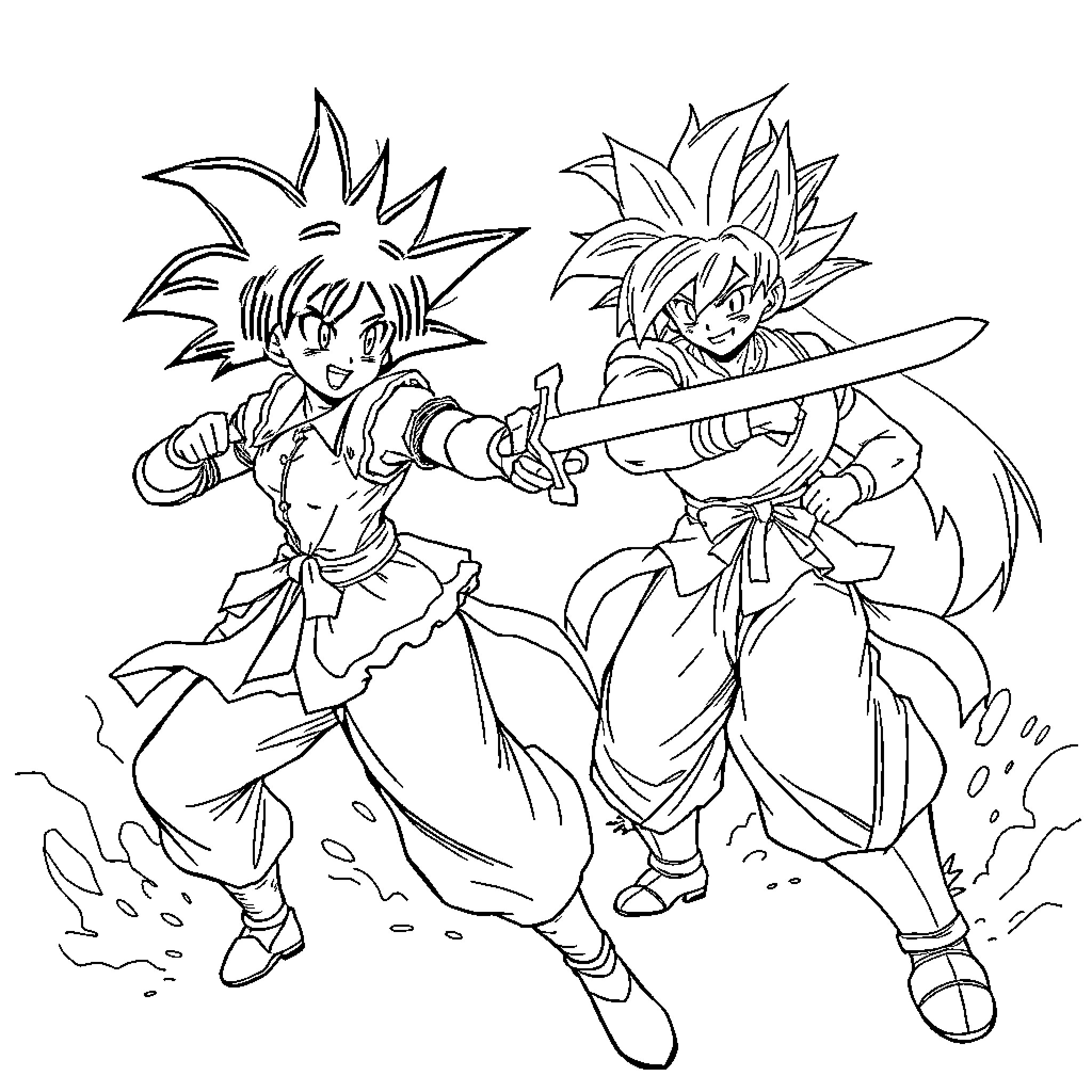 Hatsune Miku and Goku engaging in an intense battle Coloring Page (free black-and-white line drawing printable PDF for all, from beginners to advanced learners, including children, teens, adults, and seniors)