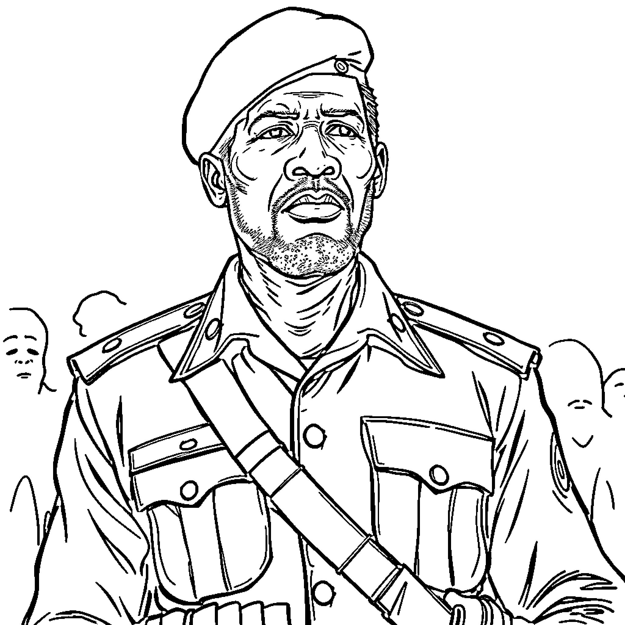Thomas Sankara in Military Uniform Coloring Page (free black-and-white line drawing printable PDF for all, from beginners to advanced learners, including children, teens, adults, and seniors)