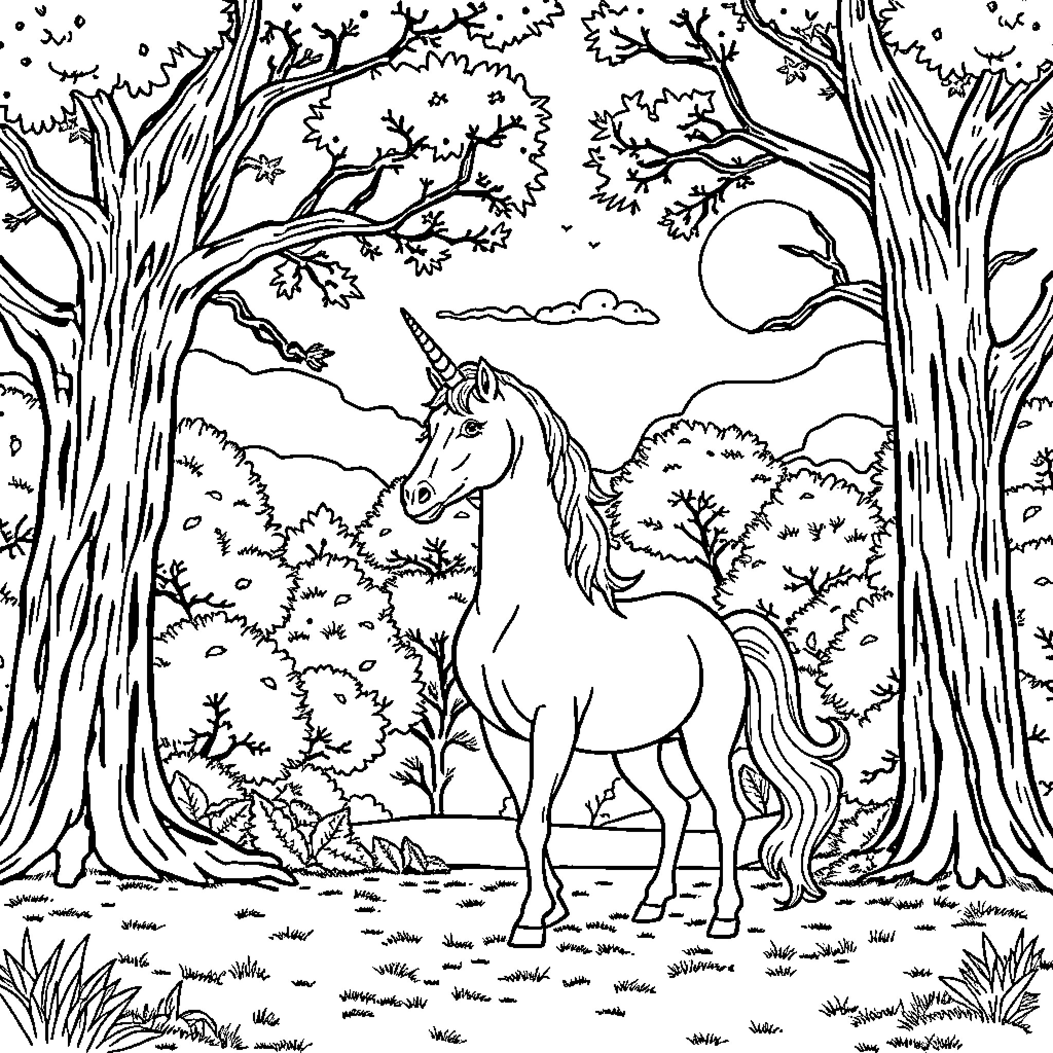 Unicorn standing in a magical forest landscape Coloring Page (free black-and-white line drawing printable PDF for all, from beginners to advanced learners, including children, teens, adults, and seniors)
