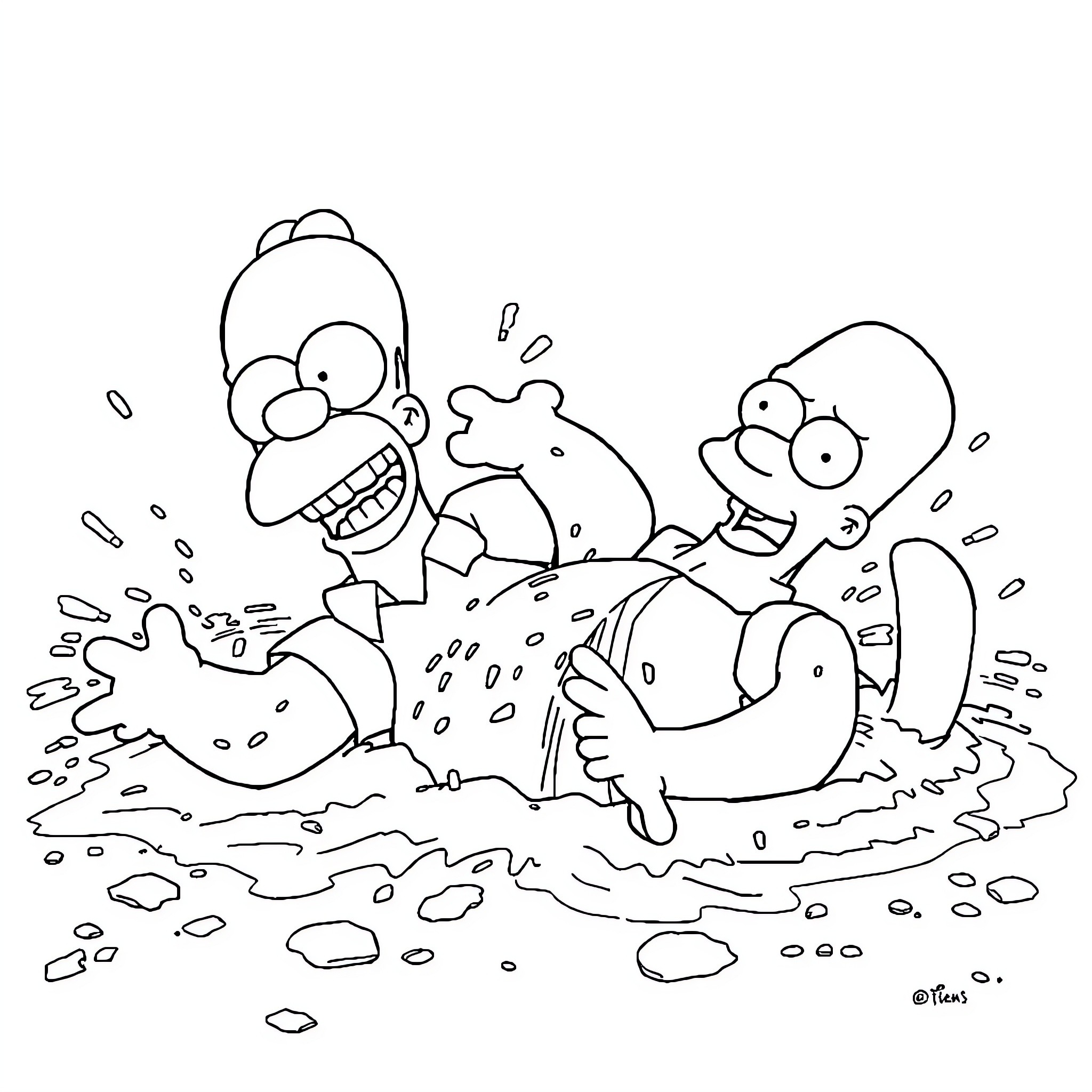 Homer Simpson enjoying a muddy adventure with friends Coloring Page (free black-and-white line drawing printable PDF for all, from beginners to advanced learners, including children, teens, adults, and seniors)