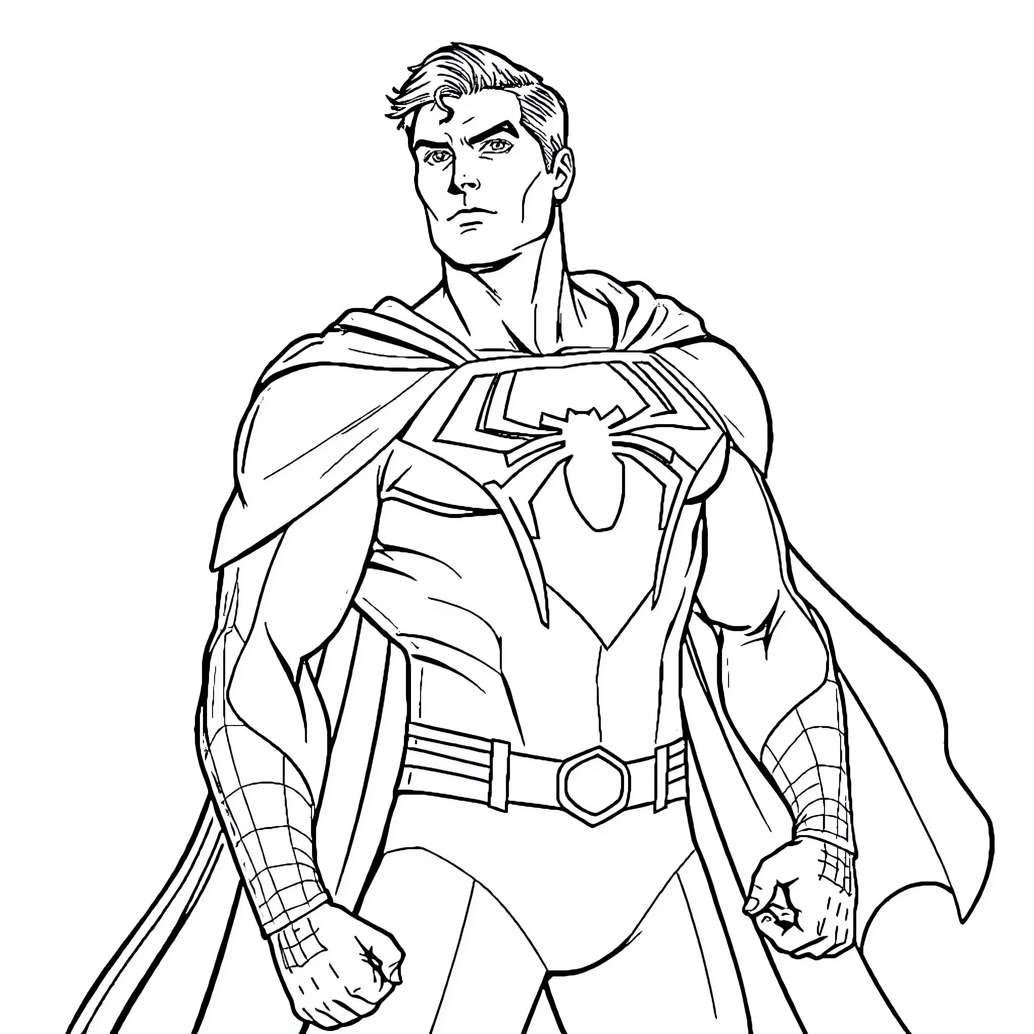 Superman in heroic pose with cape and costume Coloring Page (free black-and-white line drawing printable PDF for all, from beginners to advanced learners, including children, teens, adults, and seniors)