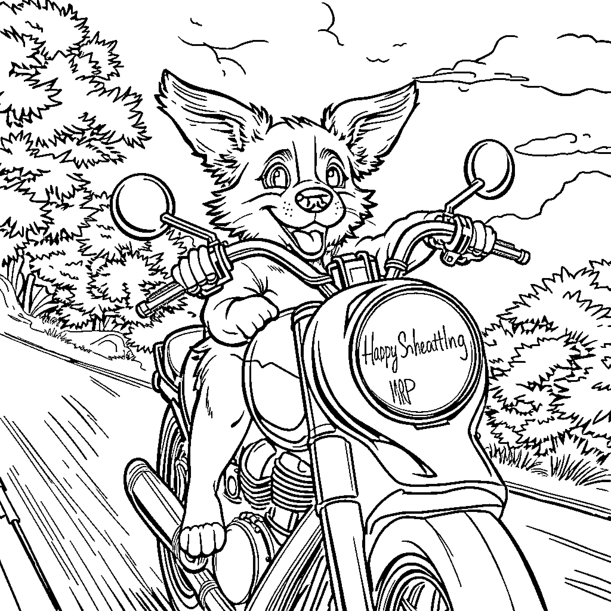 Dog riding motorcycle in the forest Coloring Page (free black-and-white line drawing printable PDF for all, from beginners to advanced learners, including children, teens, adults, and seniors)