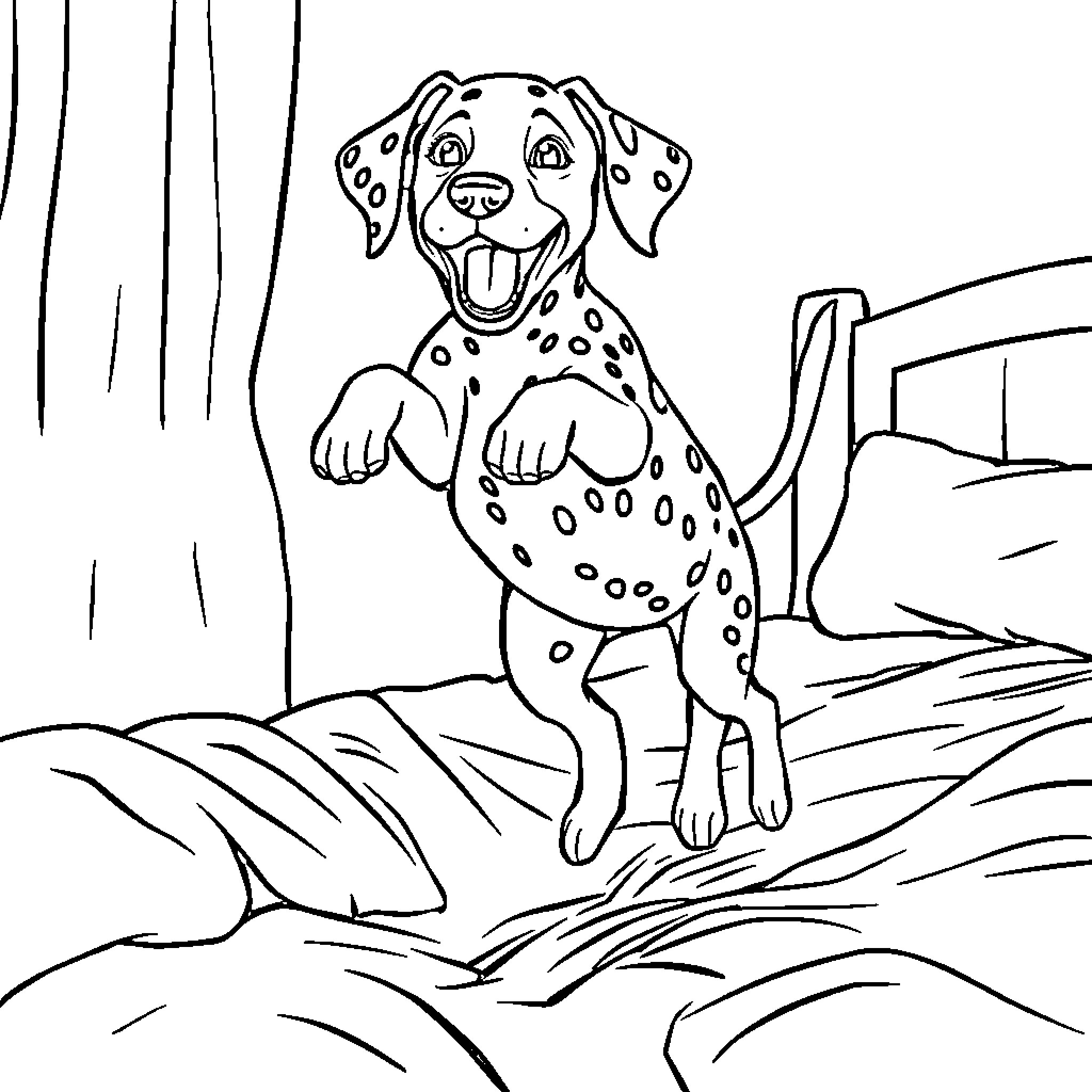 Dalmata dog sitting happily on the grass Coloring Page (free black-and-white line drawing printable PDF for all, from beginners to advanced learners, including children, teens, adults, and seniors)
