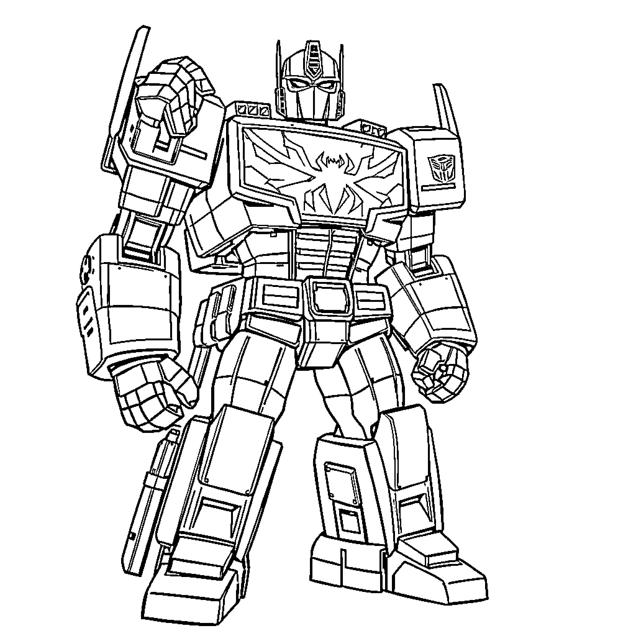 Optimus Prime leading the Autobots into battle Coloring Page (free black-and-white line drawing printable PDF for all, from beginners to advanced learners, including children, teens, adults, and seniors)