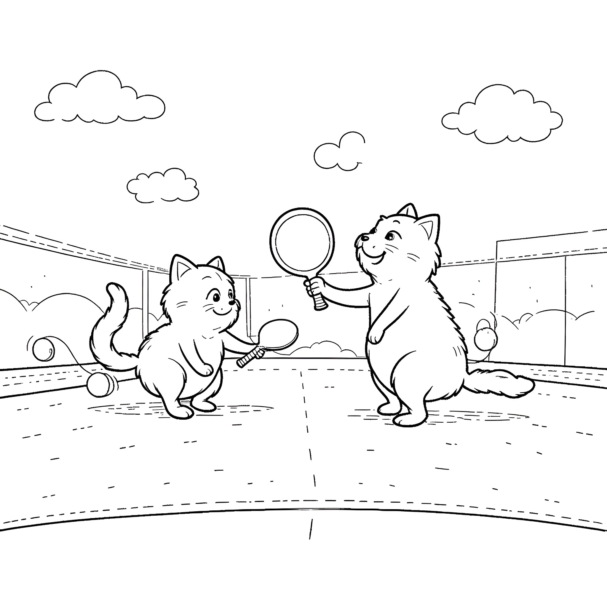 Cats playing together in a stadium Coloring Page (free black-and-white line drawing printable PDF for all, from beginners to advanced learners, including children, teens, adults, and seniors)
