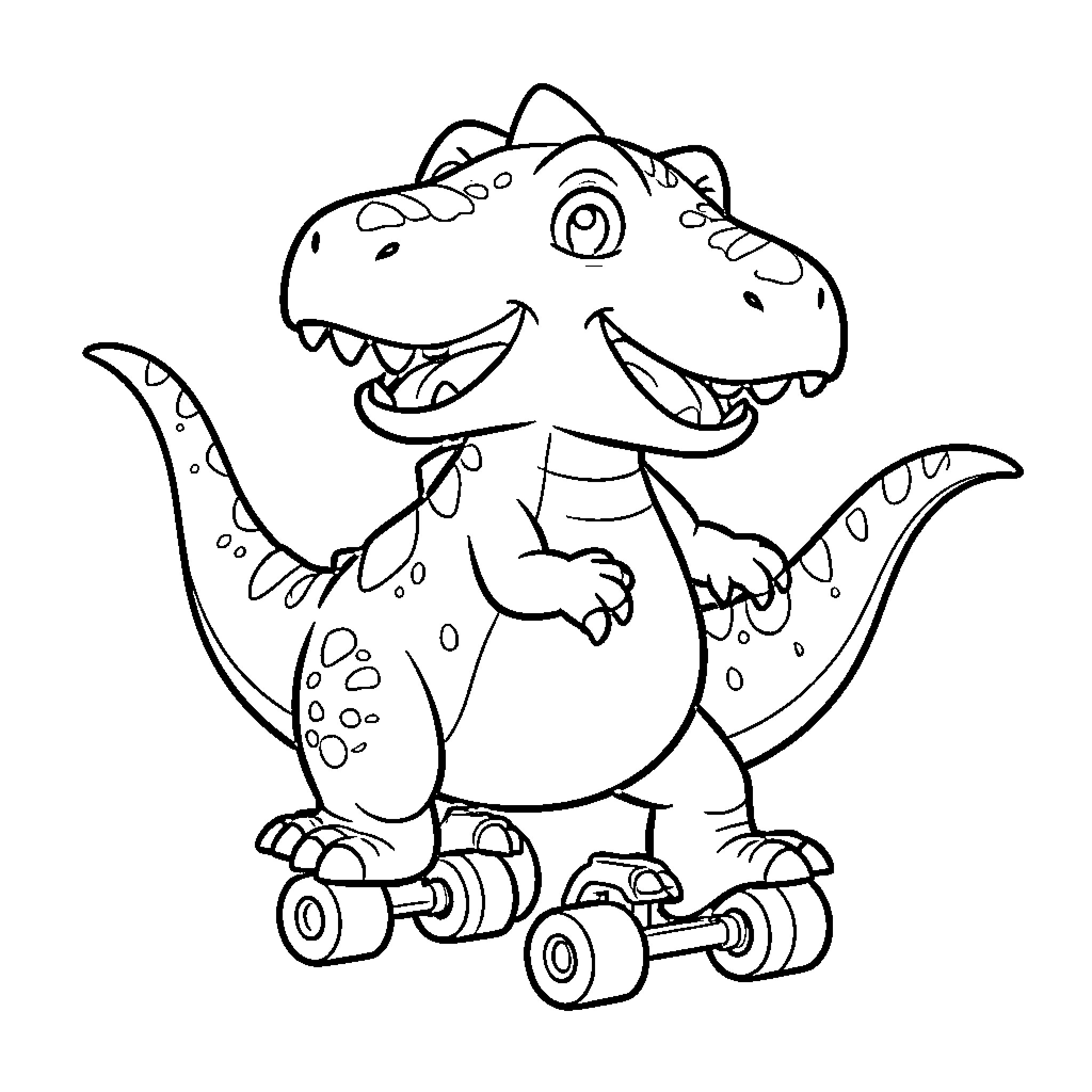 Dinosaur smiling while riding on roller skates Coloring Page (free black-and-white line drawing printable PDF for all, from beginners to advanced learners, including children, teens, adults, and seniors)