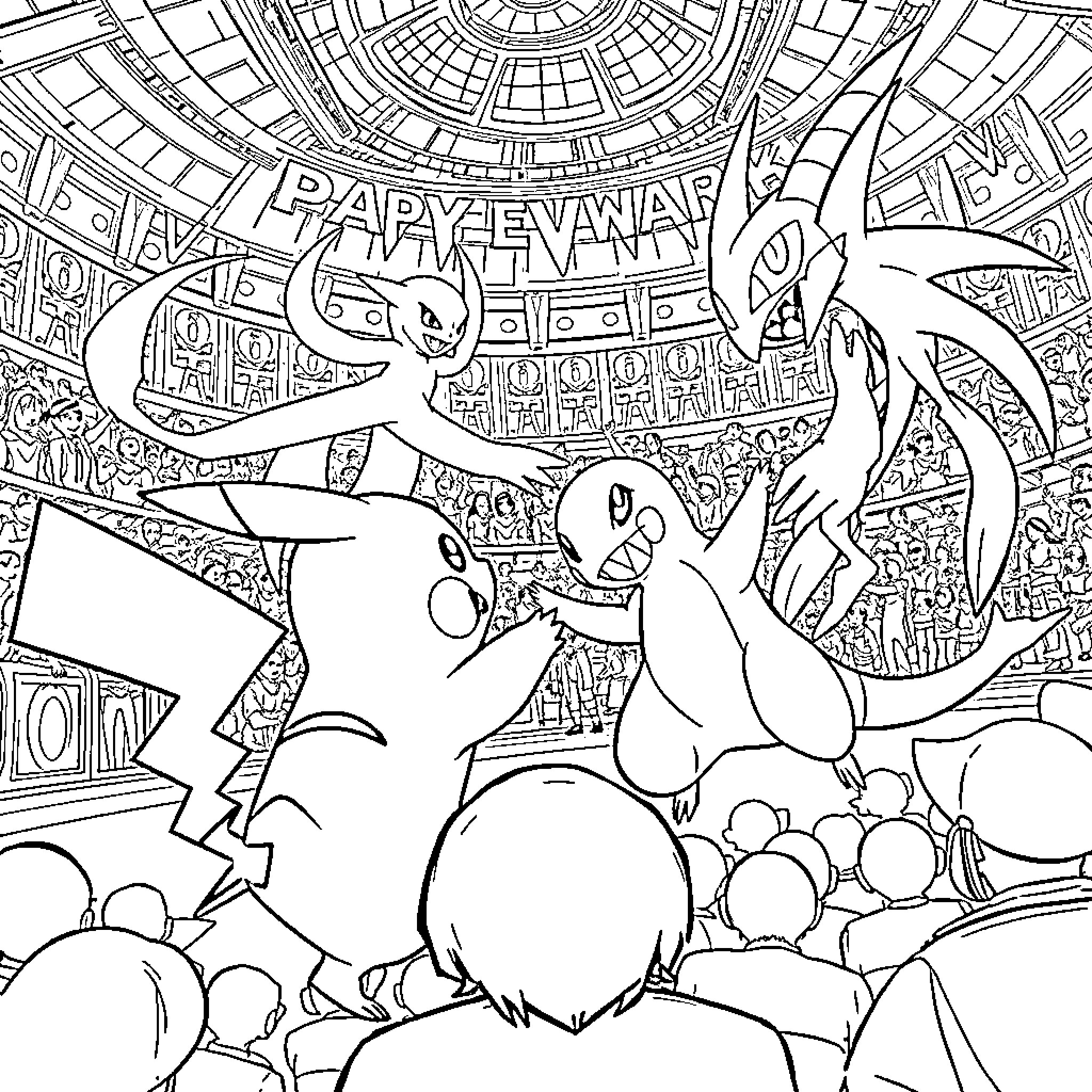 Pikachu and friends in an epic Pokémon stadium event Coloring Page (free black-and-white line drawing printable PDF for all, from beginners to advanced learners, including children, teens, adults, and seniors)