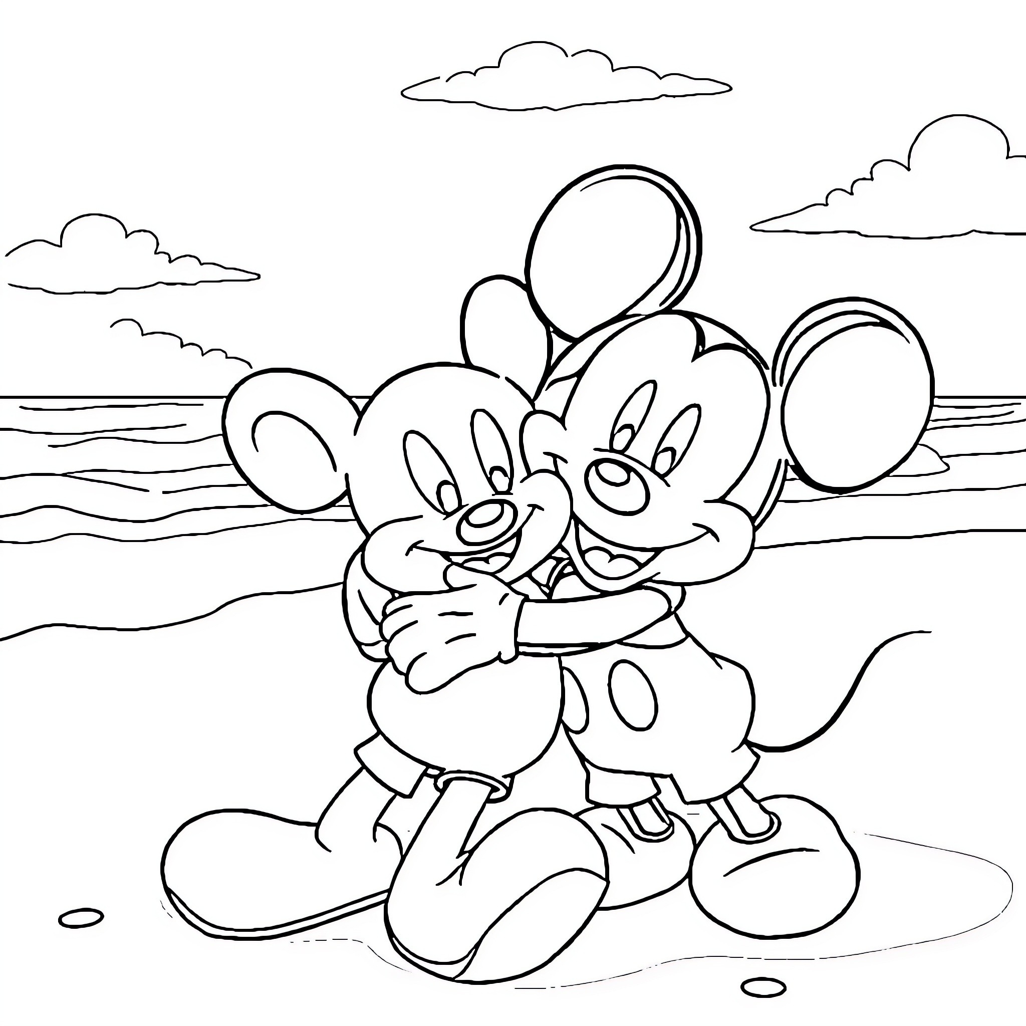 Mickey and Minnie's Romantic Beach Day Coloring Page (free black-and-white line drawing printable PDF for all, from beginners to advanced learners, including children, teens, adults, and seniors)