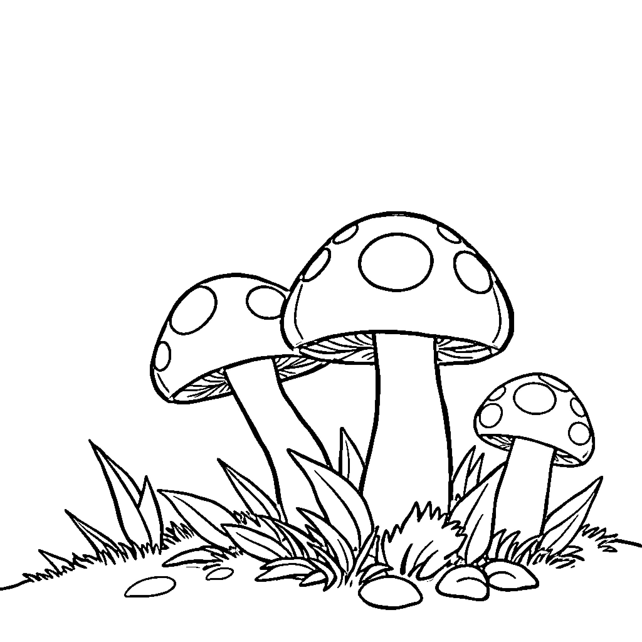 Mushroom Cluster Growing in the Undergrowth Coloring Page (free black-and-white line drawing printable PDF for all, from beginners to advanced learners, including children, teens, adults, and seniors)