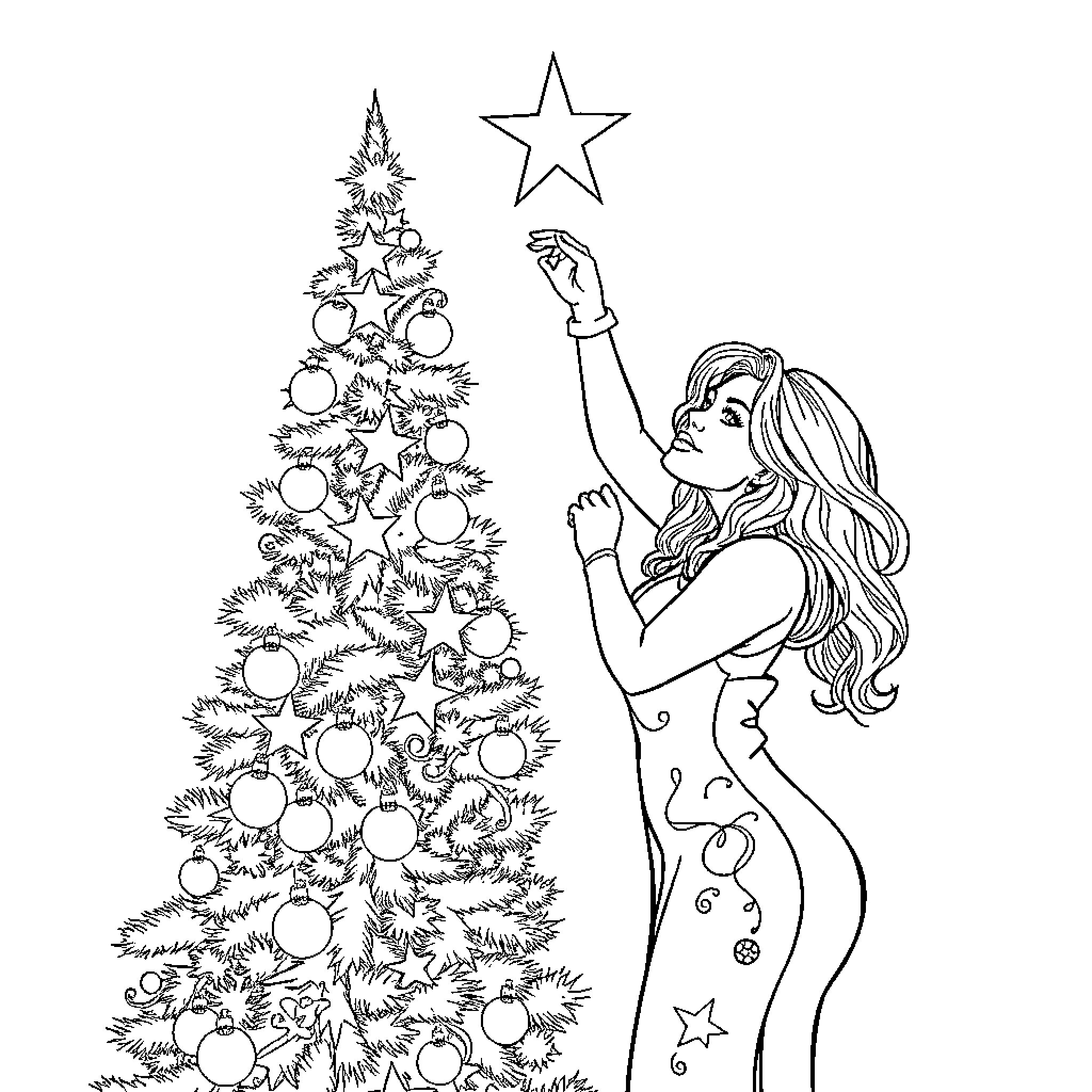 Mariah Carey decorates Christmas tree with joyful expression Coloring Page (free black-and-white line drawing printable PDF for all, from beginners to advanced learners, including children, teens, adults, and seniors)