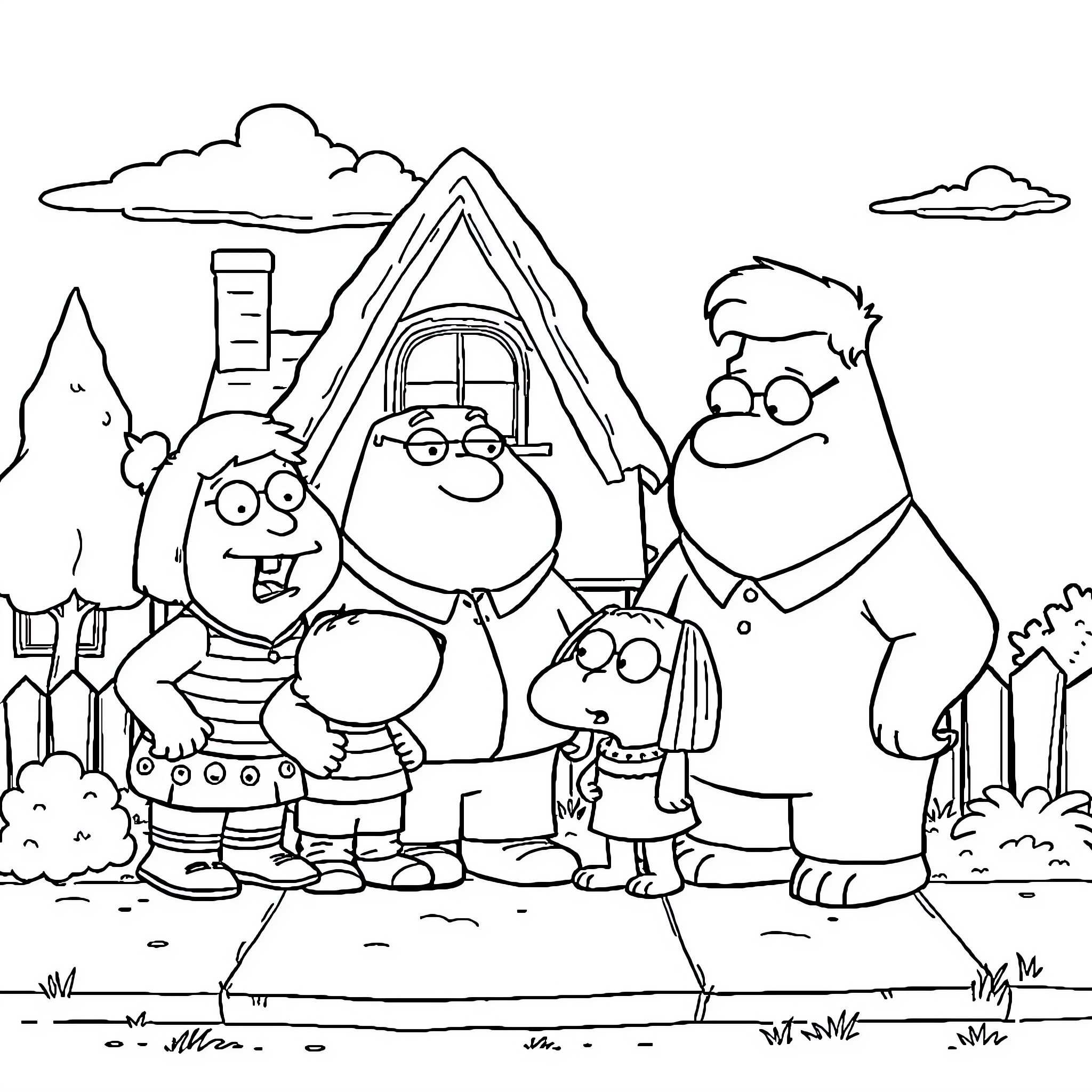 Family Guy Camping Adventure with Humorous Characters Coloring Page (free black-and-white line drawing printable PDF for all, from beginners to advanced learners, including children, teens, adults, and seniors)