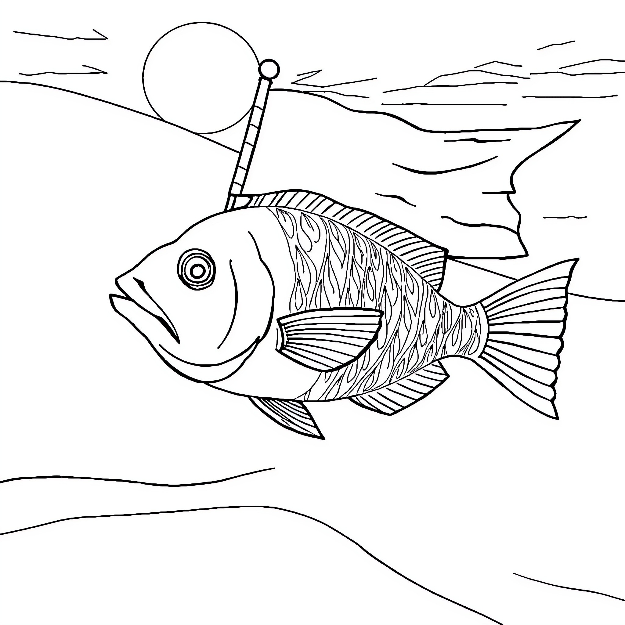 Fish swimming with fishing rod in scenic landscape Coloring Page (free black-and-white line drawing printable PDF for all, from beginners to advanced learners, including children, teens, adults, and seniors)