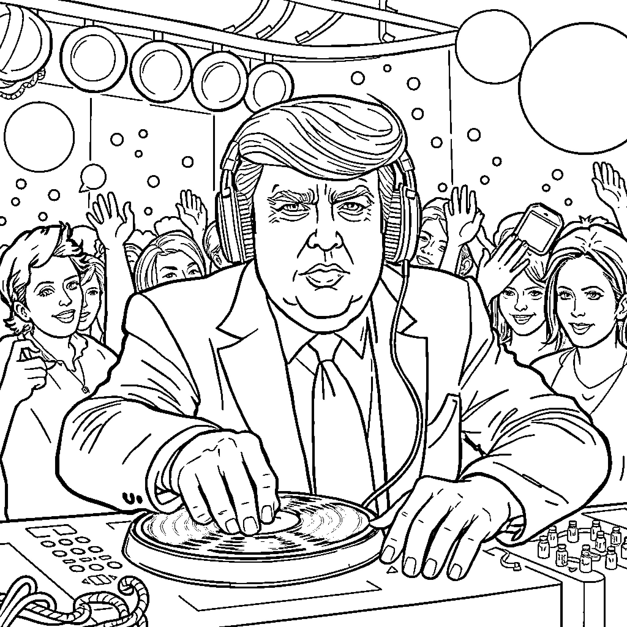 Donald Trump Addressing Crowd at Rally Coloring Page (free black-and-white line drawing printable PDF for all, from beginners to advanced learners, including children, teens, adults, and seniors)
