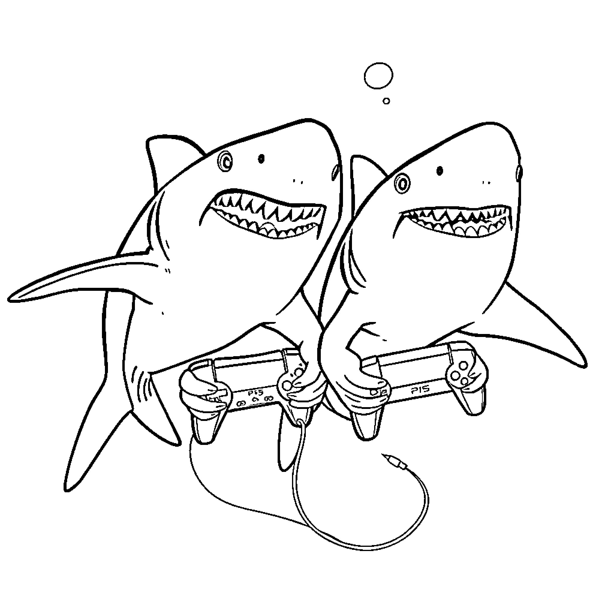 Mako Sharks playing video games Coloring Page (free black-and-white line drawing printable PDF for all, from beginners to advanced learners, including children, teens, adults, and seniors)