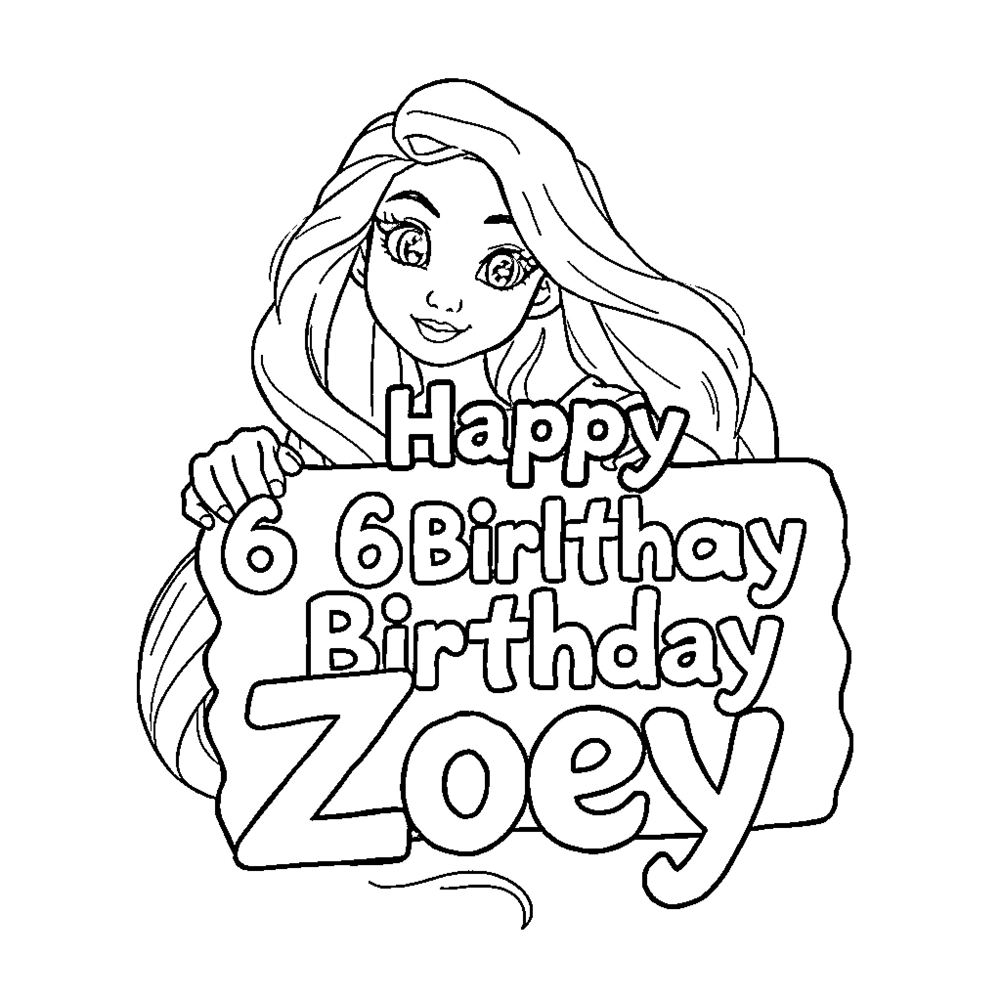 Rapunzel celebrates 6th birthday happily Coloring Page (free black-and-white line drawing printable PDF for all, from beginners to advanced learners, including children, teens, adults, and seniors)