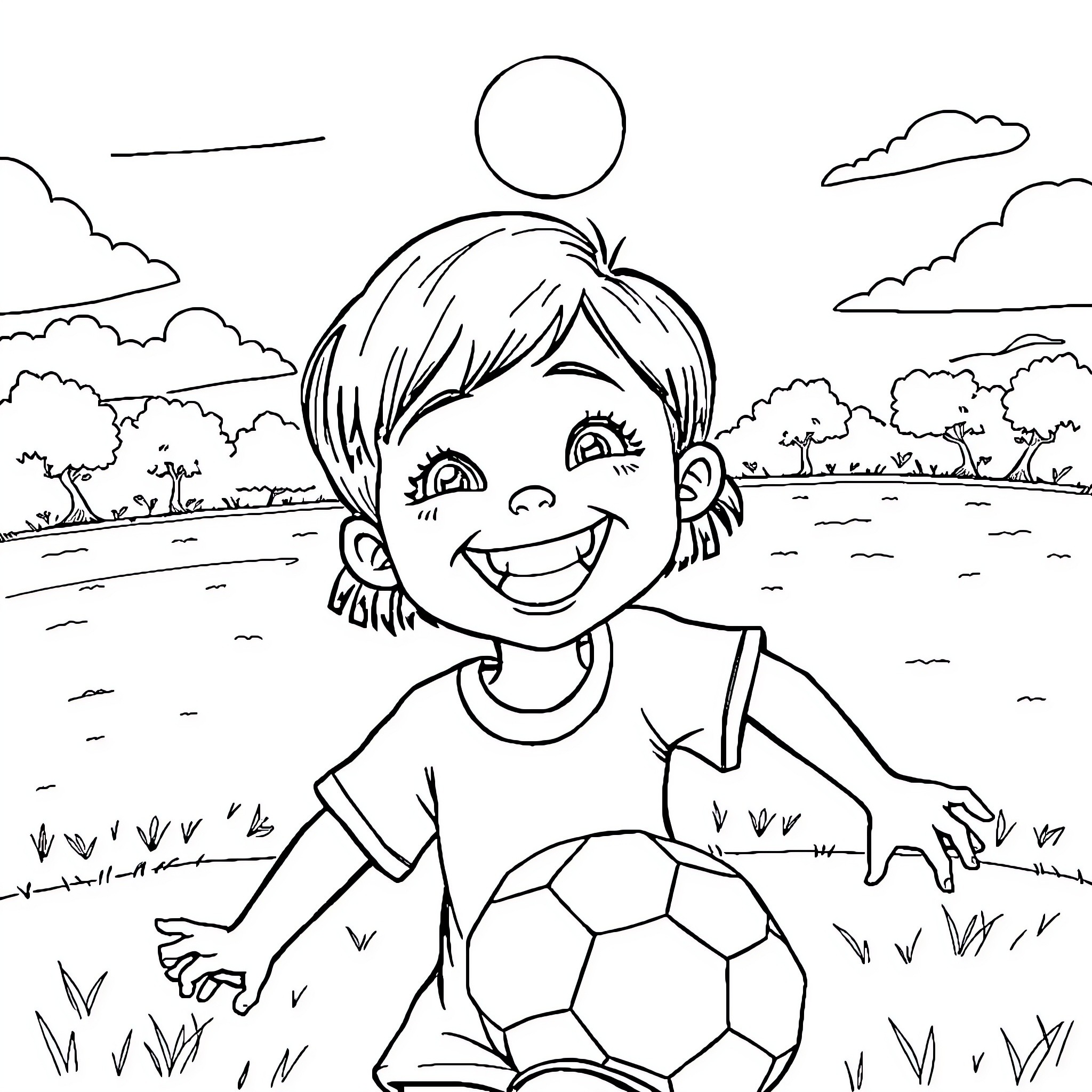 Girl playing with soccer ball in the park Coloring Page (free black-and-white line drawing printable PDF for all, from beginners to advanced learners, including children, teens, adults, and seniors)