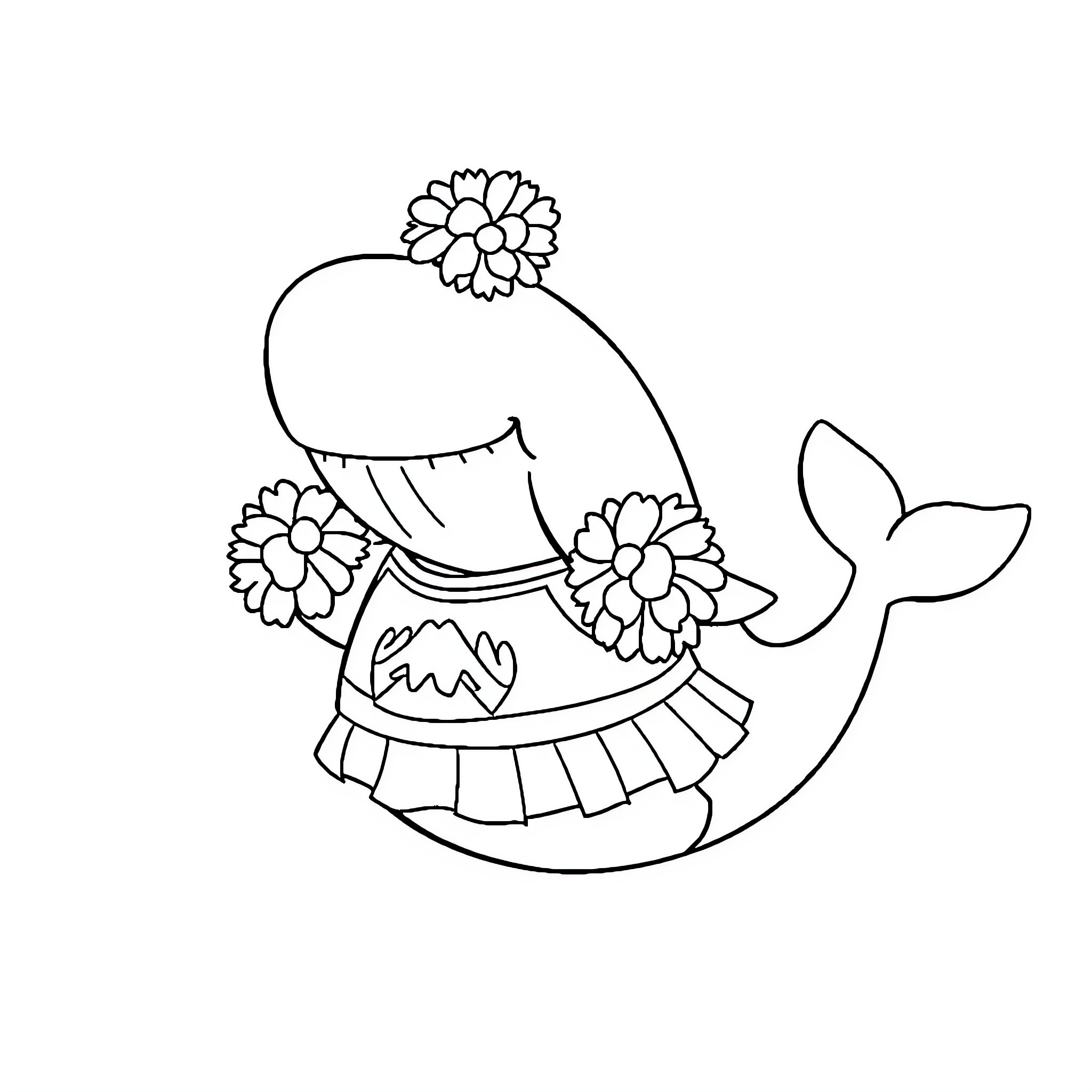 Whale with floral decorations and tail Coloring Page (free black-and-white line drawing printable PDF for all, from beginners to advanced learners, including children, teens, adults, and seniors)