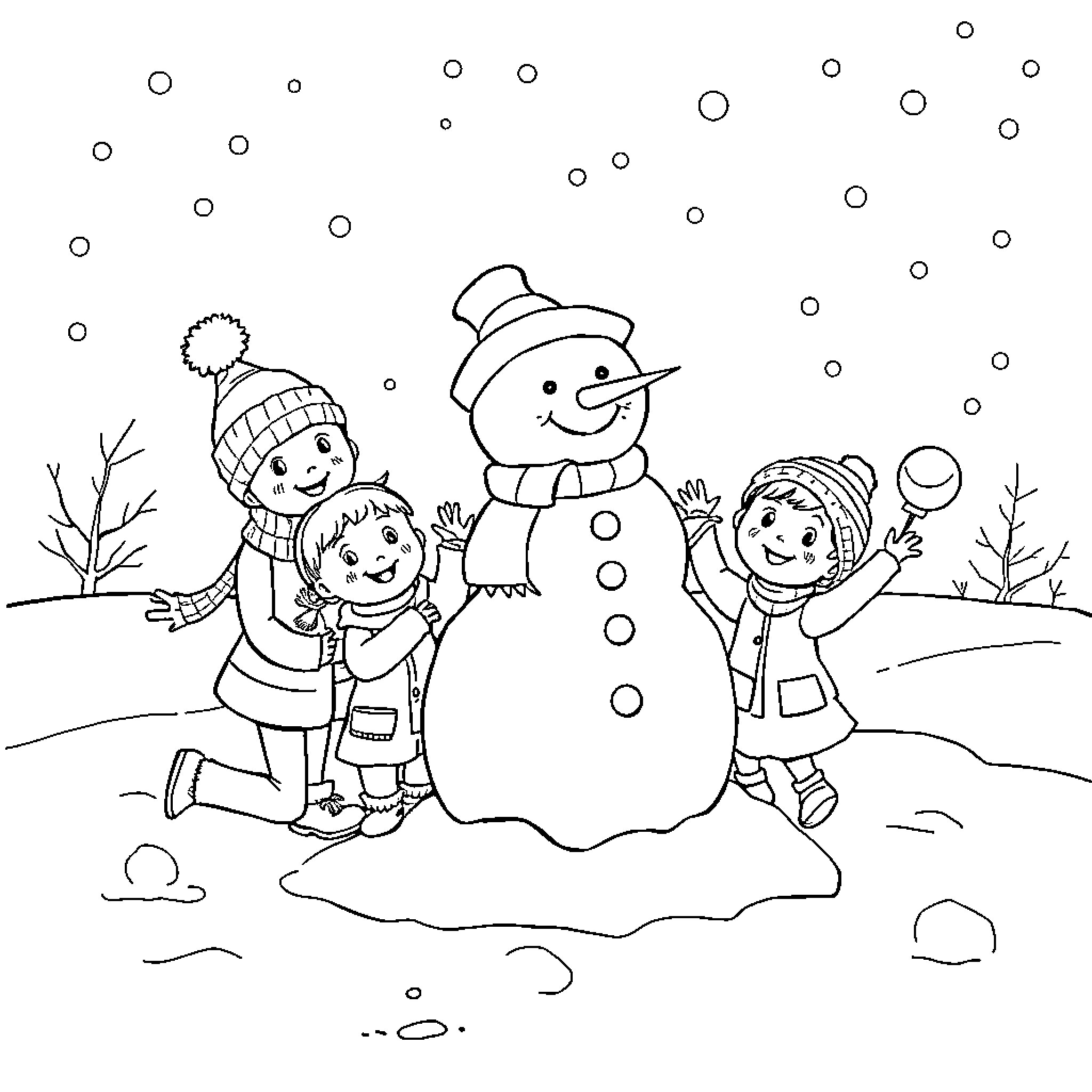 Family Building Snowman in Winter Wonderland Coloring Page (free black-and-white line drawing printable PDF for all, from beginners to advanced learners, including children, teens, adults, and seniors)