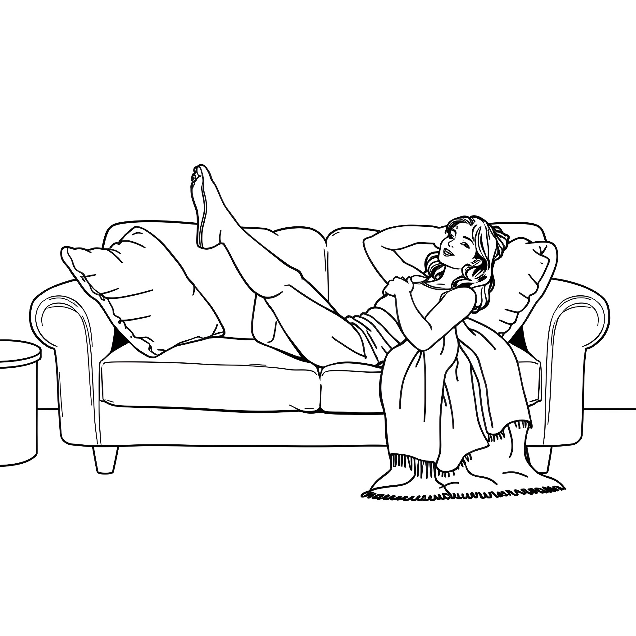 Woman relaxing comfortably on a sofa Coloring Page (free black-and-white line drawing printable PDF for all, from beginners to advanced learners, including children, teens, adults, and seniors)