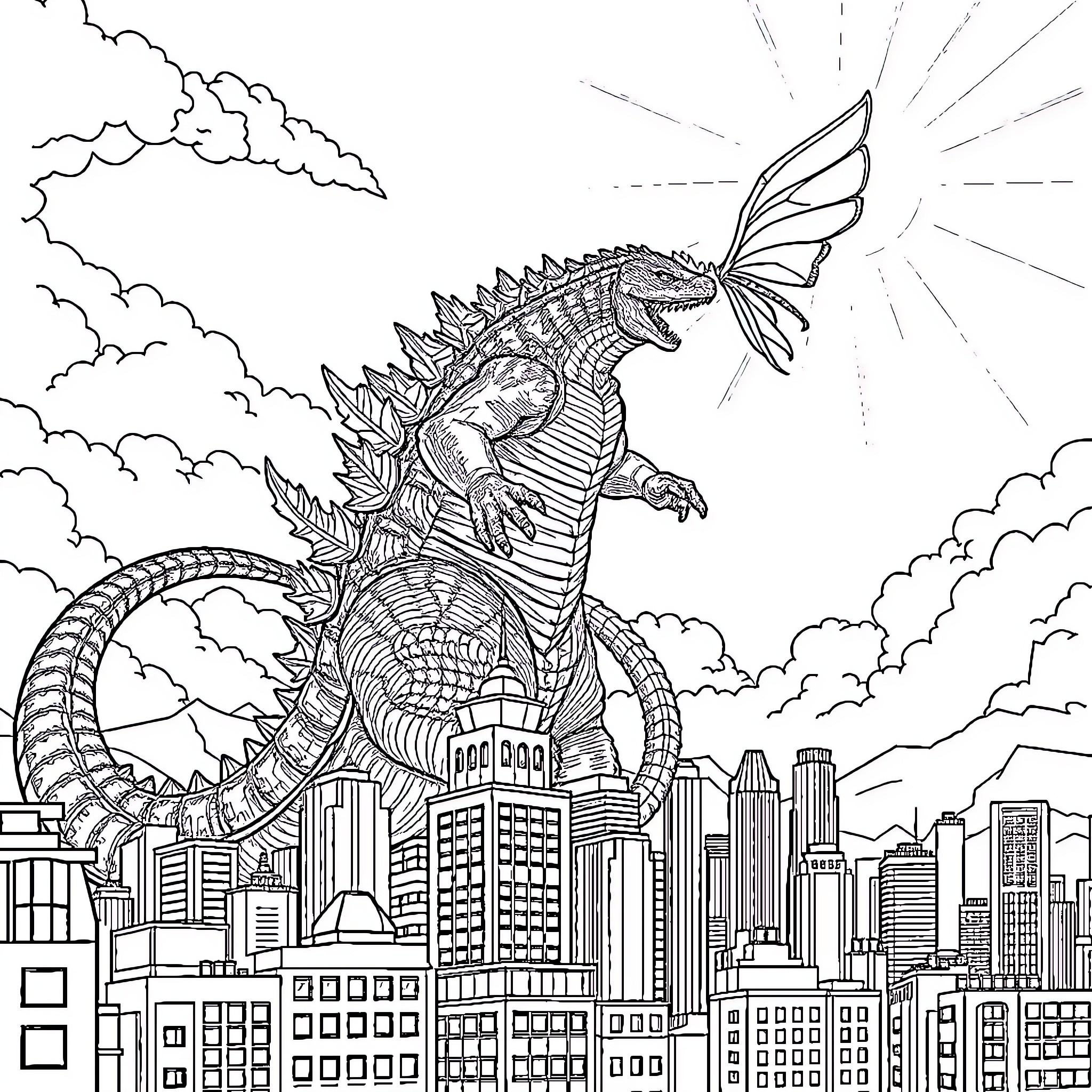 Godzilla rampaging through the city skyline Coloring Page (free black-and-white line drawing printable PDF for all, from beginners to advanced learners, including children, teens, adults, and seniors)