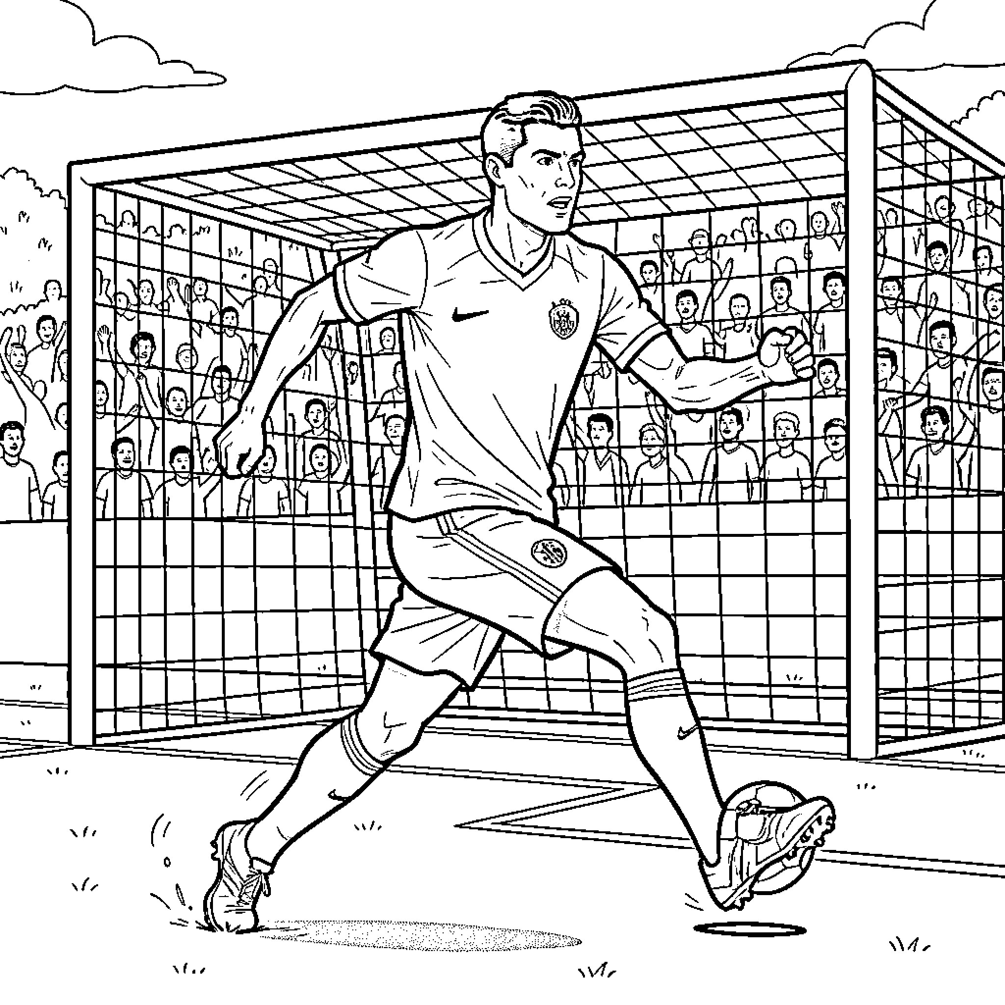 Ronaldo dribbling a soccer ball toward the goal Coloring Page (free black-and-white line drawing printable PDF for all, from beginners to advanced learners, including children, teens, adults, and seniors)