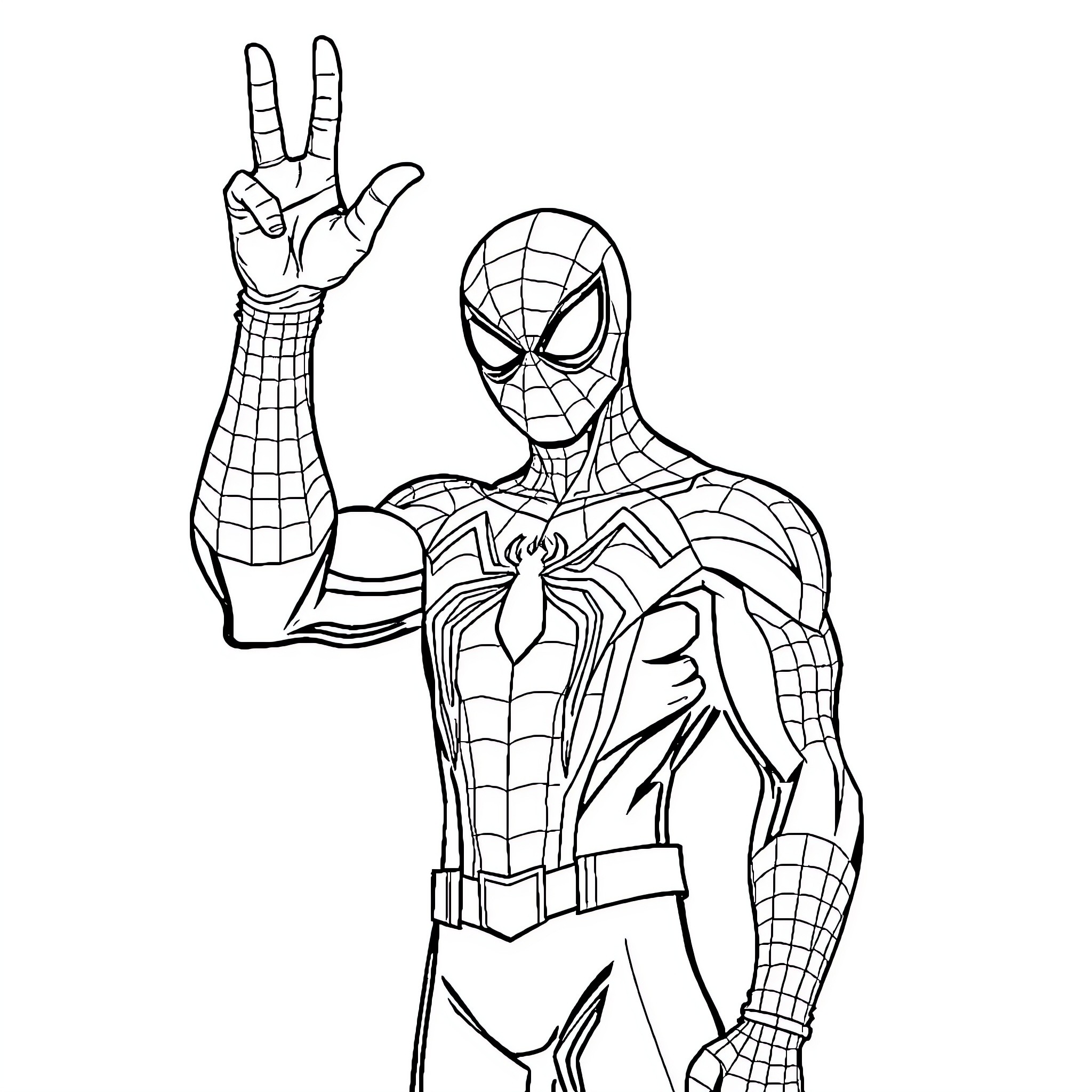 Spiderman making heroic gesture in costume Coloring Page (free black-and-white line drawing printable PDF for all, from beginners to advanced learners, including children, teens, adults, and seniors)