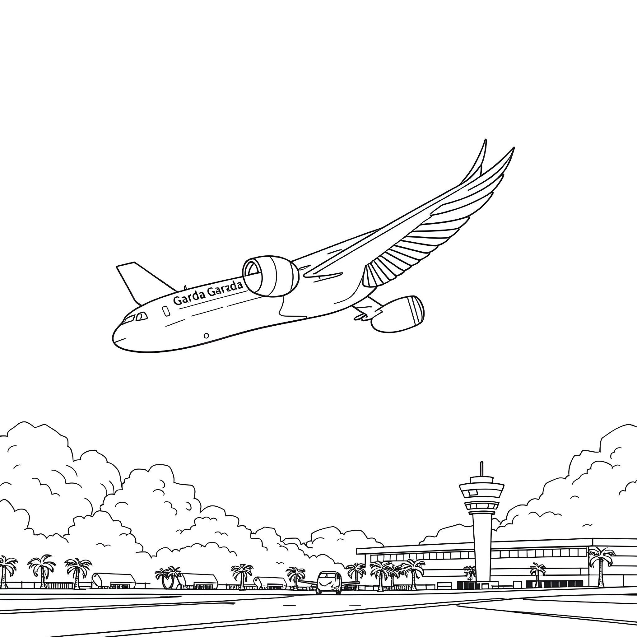 Plane soaring with wings in the sky Coloring Page (free black-and-white line drawing printable PDF for all, from beginners to advanced learners, including children, teens, adults, and seniors)