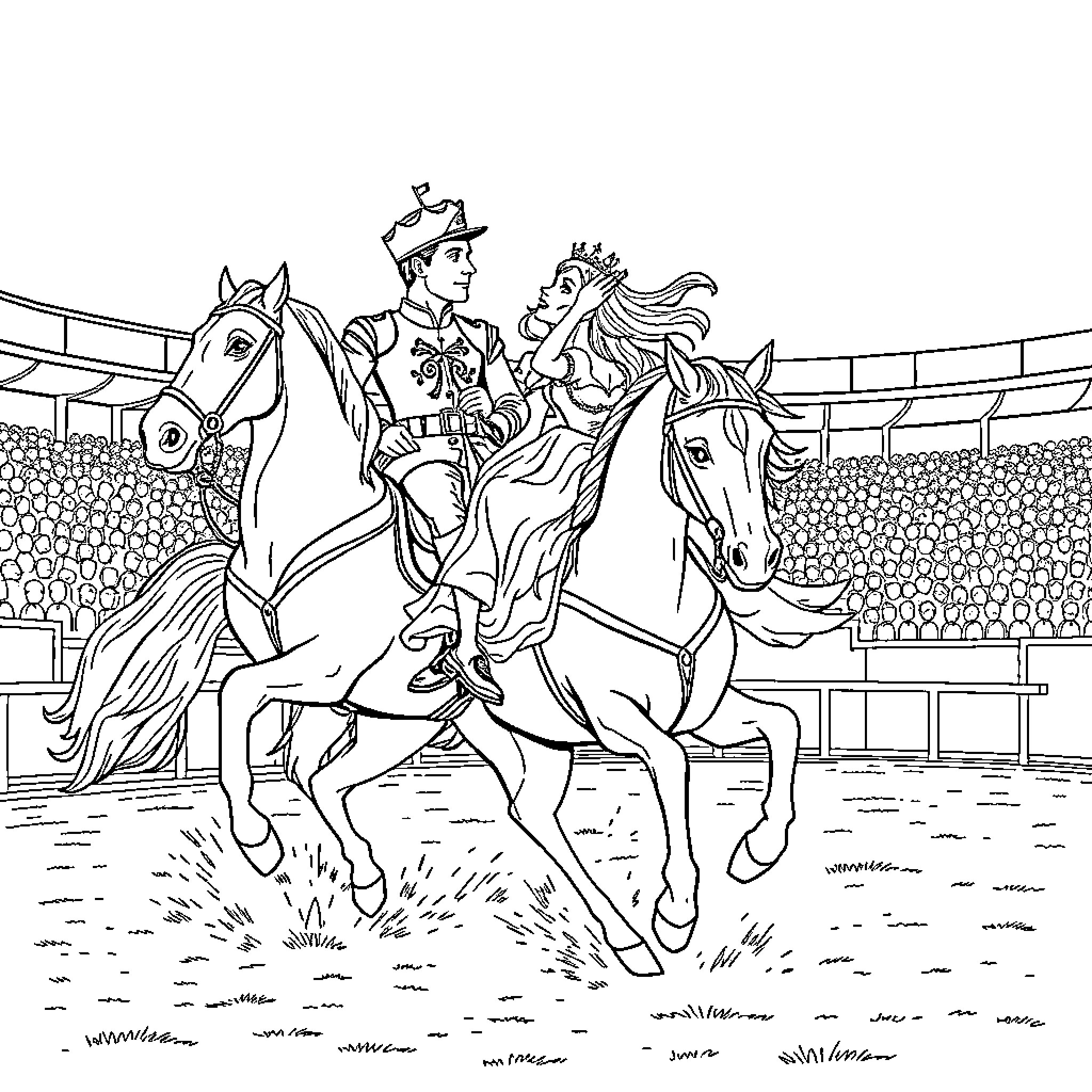 Prince Charming Rides Proudly on Horseback Coloring Page (free black-and-white line drawing printable PDF for all, from beginners to advanced learners, including children, teens, adults, and seniors)