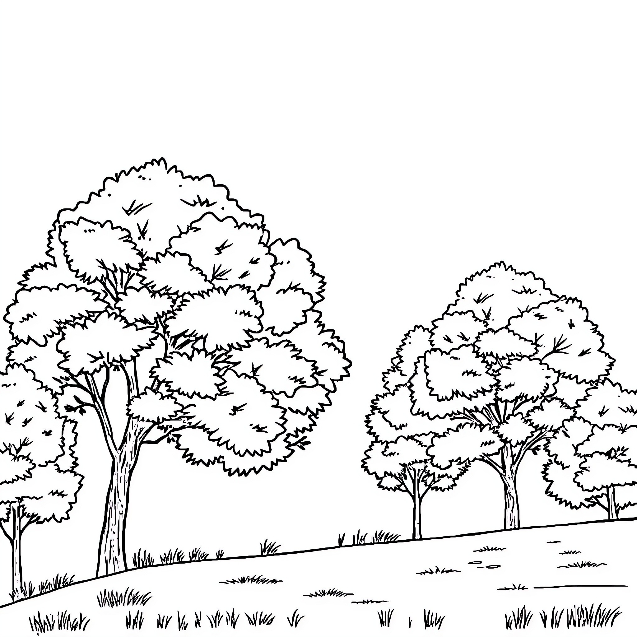 Nature's Peaceful Outdoor Scene Coloring Page (free black-and-white line drawing printable PDF for all, from beginners to advanced learners, including children, teens, adults, and seniors)