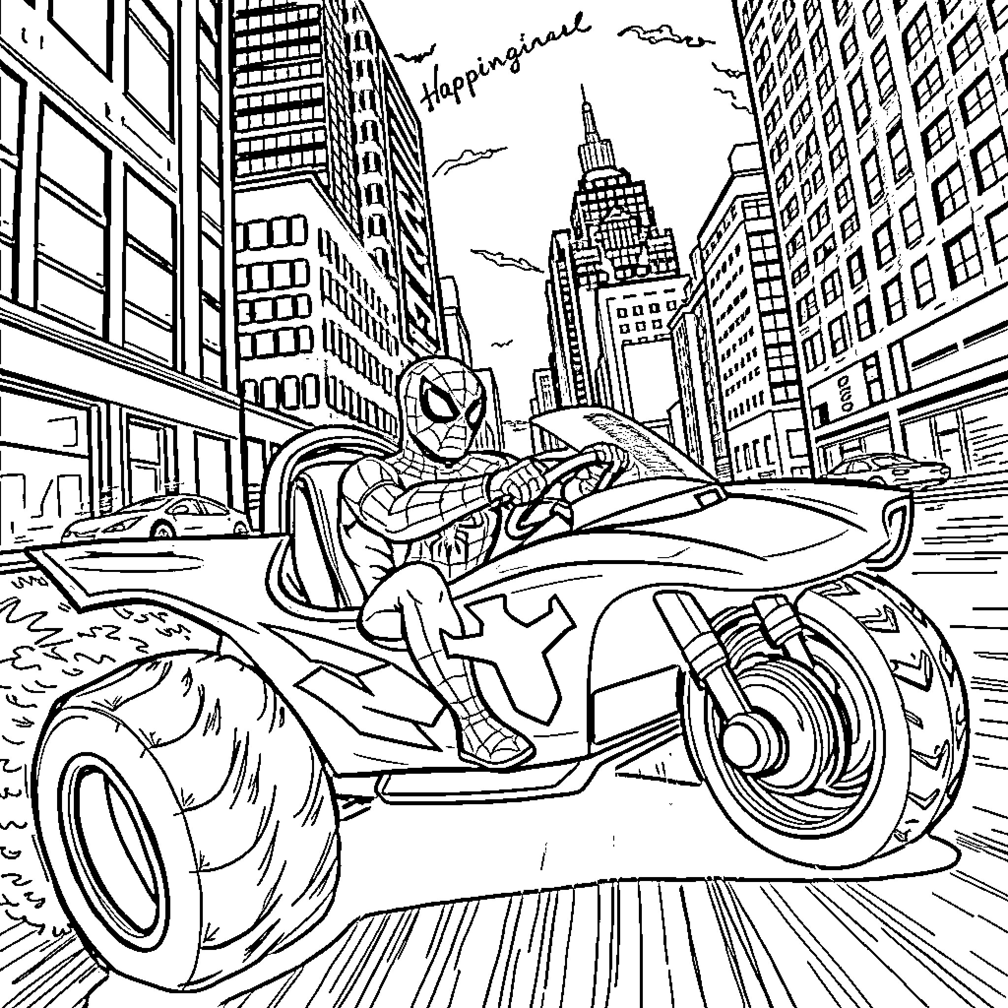 Spiderman riding a futuristic motorcycle in the city Coloring Page (free black-and-white line drawing printable PDF for all, from beginners to advanced learners, including children, teens, adults, and seniors)