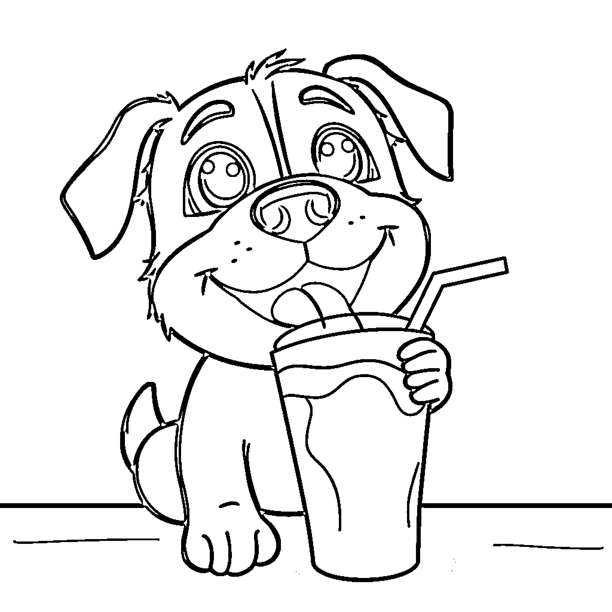 Dog enjoying a refreshing drink Coloring Page (free black-and-white line drawing printable PDF for all, from beginners to advanced learners, including children, teens, adults, and seniors)