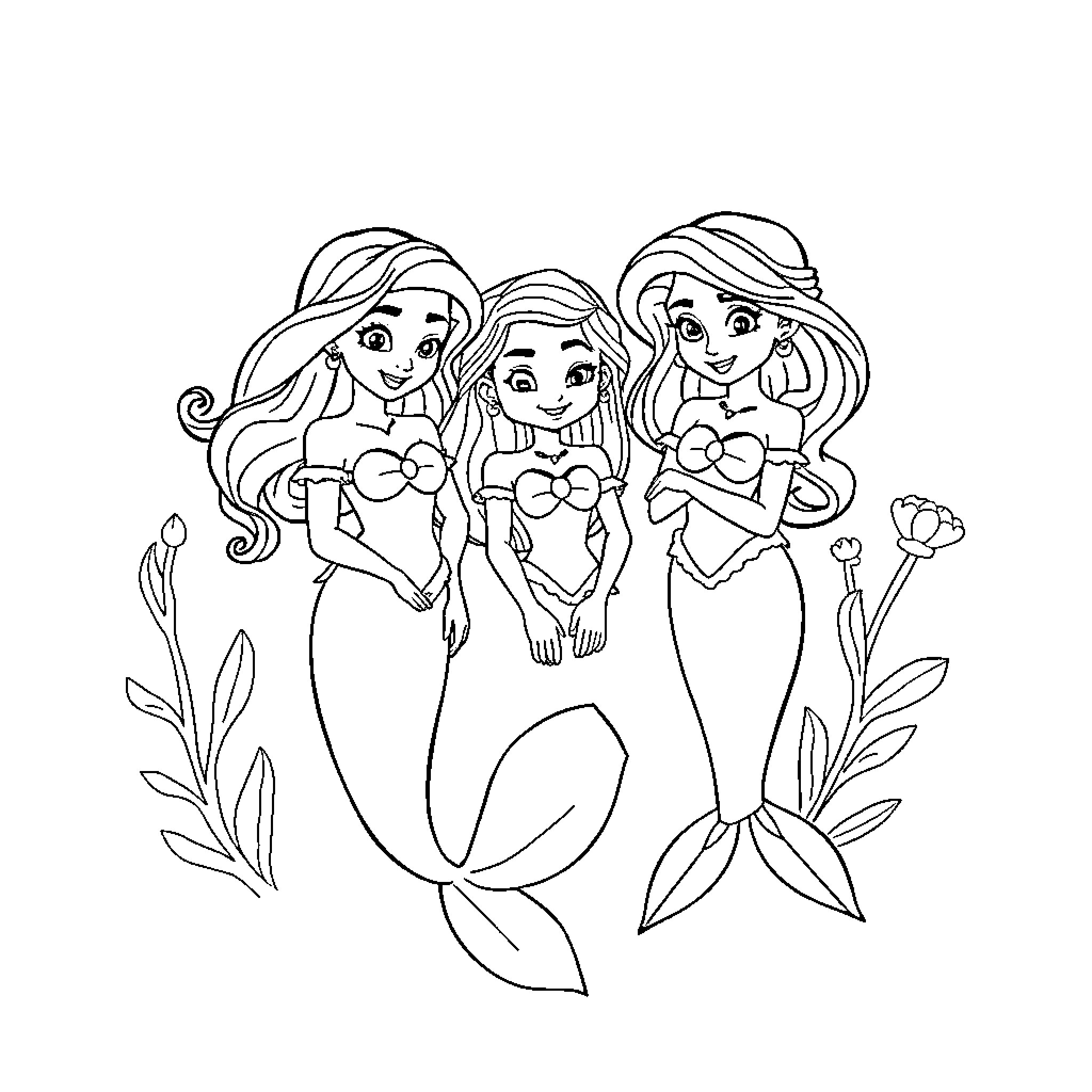 Mermaid friends swimming together happily Coloring Page (free black-and-white line drawing printable PDF for all, from beginners to advanced learners, including children, teens, adults, and seniors)