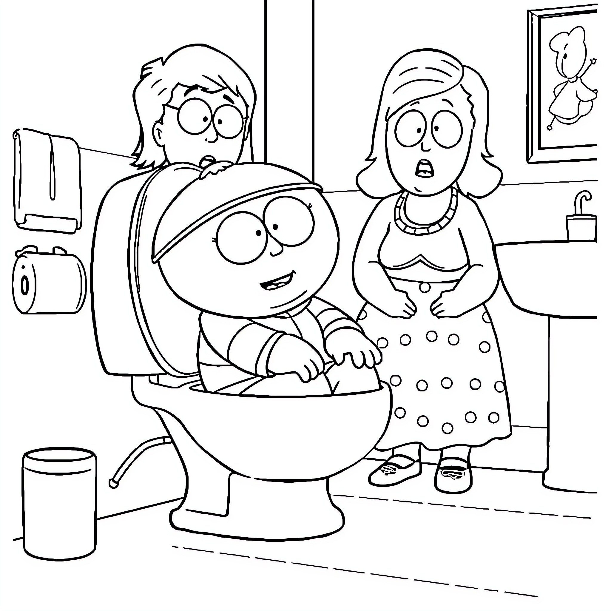 Cartman's Bathroom Antics with Mother Coloring Page (free black-and-white line drawing printable PDF for all, from beginners to advanced learners, including children, teens, adults, and seniors)