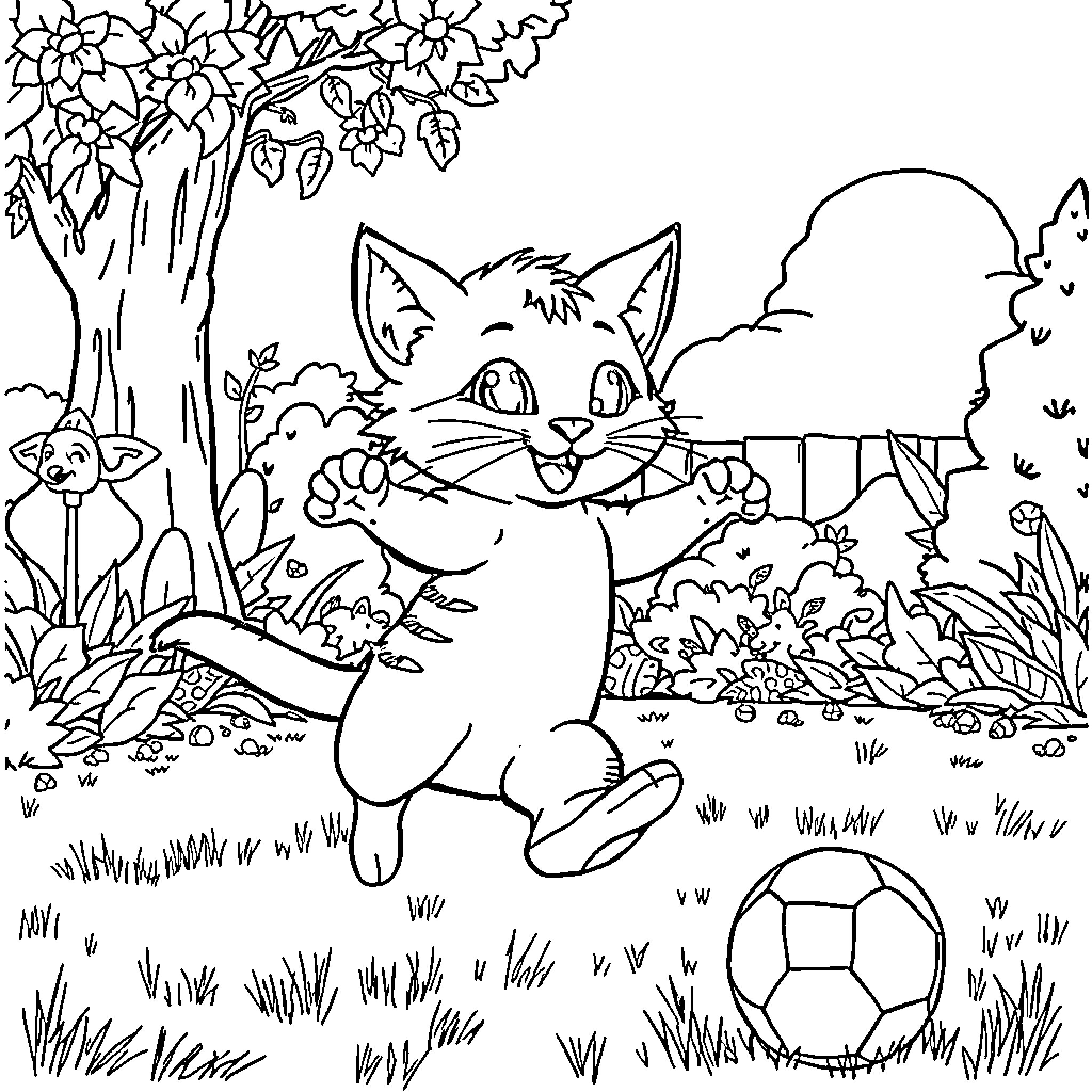 Kitty playing with toy in the garden Coloring Page (free black-and-white line drawing printable PDF for all, from beginners to advanced learners, including children, teens, adults, and seniors)