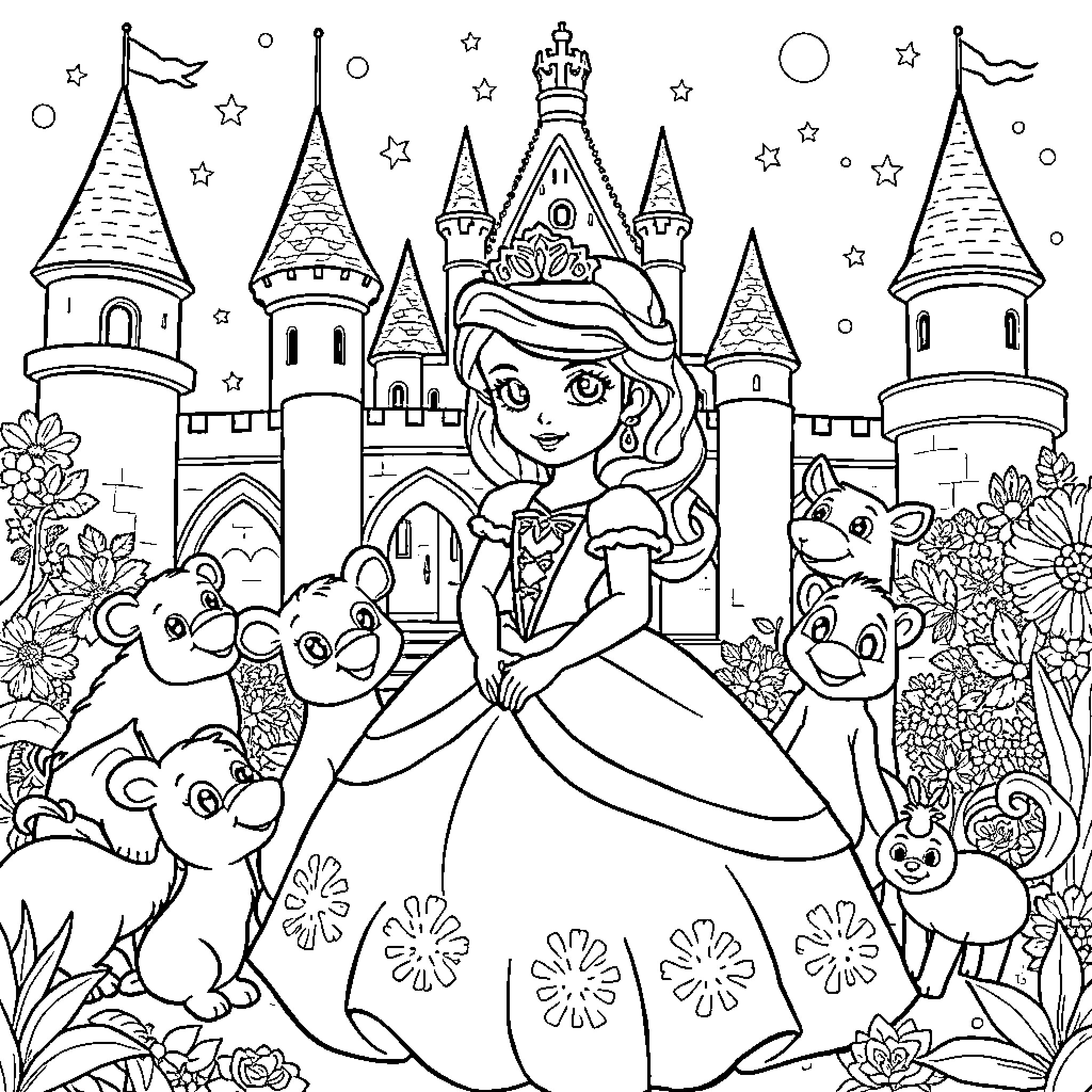 Princess Sofia's Enchanting Castle Adventure Coloring Page (free black-and-white line drawing printable PDF for all, from beginners to advanced learners, including children, teens, adults, and seniors)