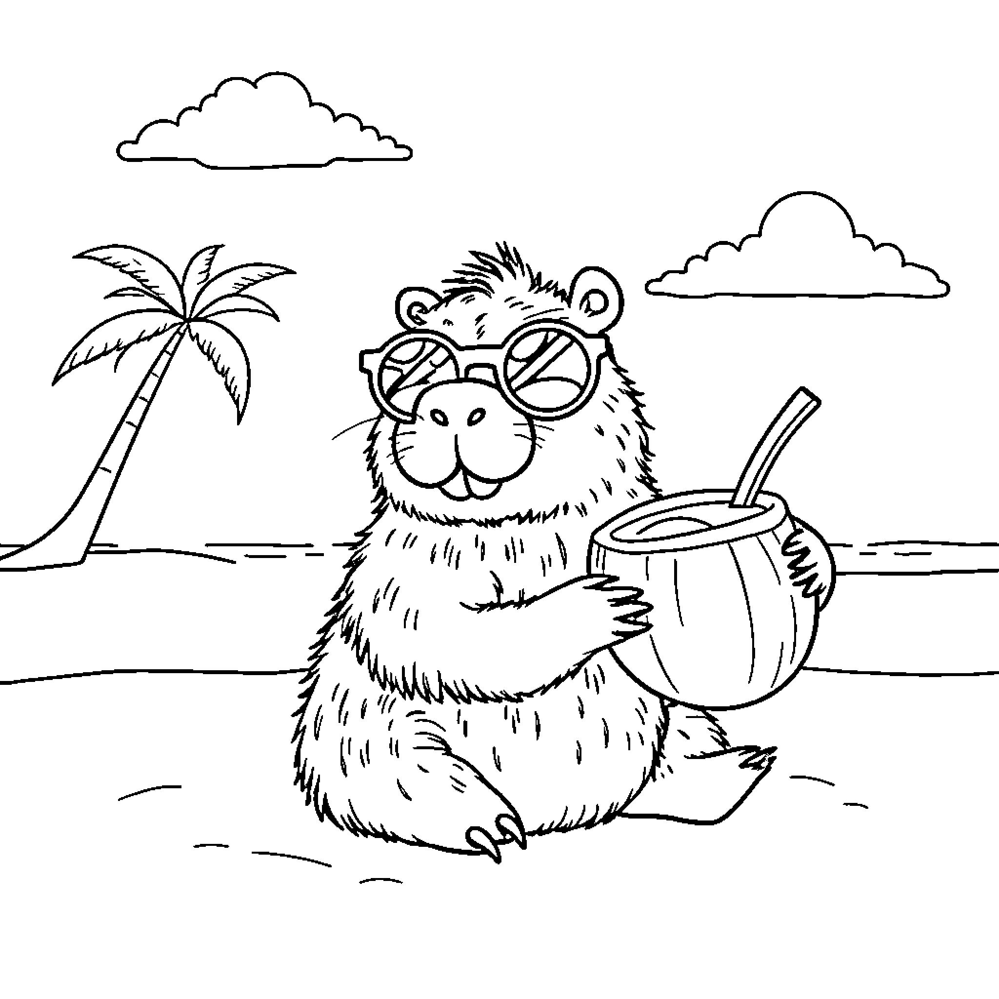 Capybara enjoying a tropical drink on the beach Coloring Page (free black-and-white line drawing printable PDF for all, from beginners to advanced learners, including children, teens, adults, and seniors)