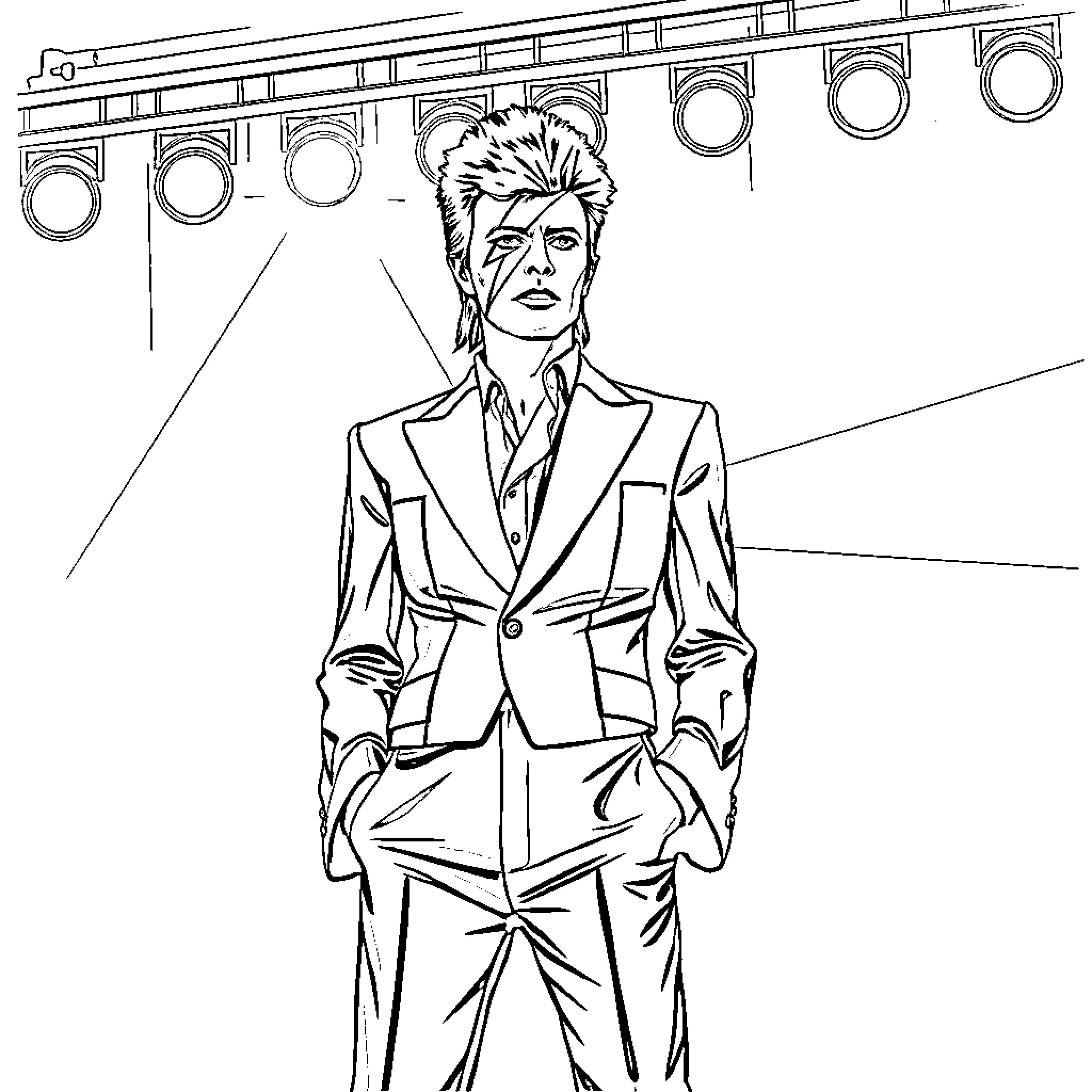David Bowie performing on stage in iconic outfit Coloring Page (free black-and-white line drawing printable PDF for all, from beginners to advanced learners, including children, teens, adults, and seniors)