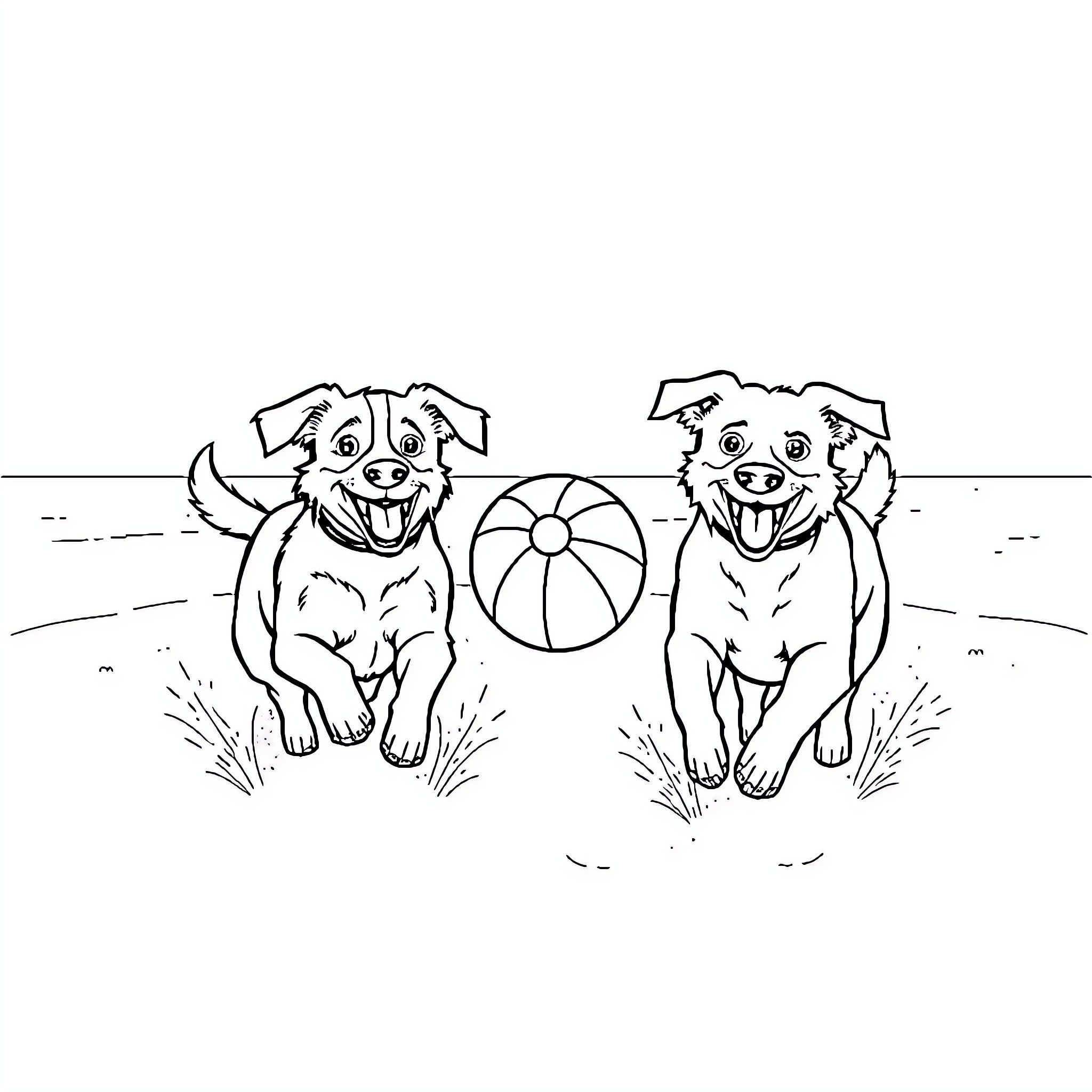 Dog friends playing on the beach with a ball Coloring Page (free black-and-white line drawing printable PDF for all, from beginners to advanced learners, including children, teens, adults, and seniors)
