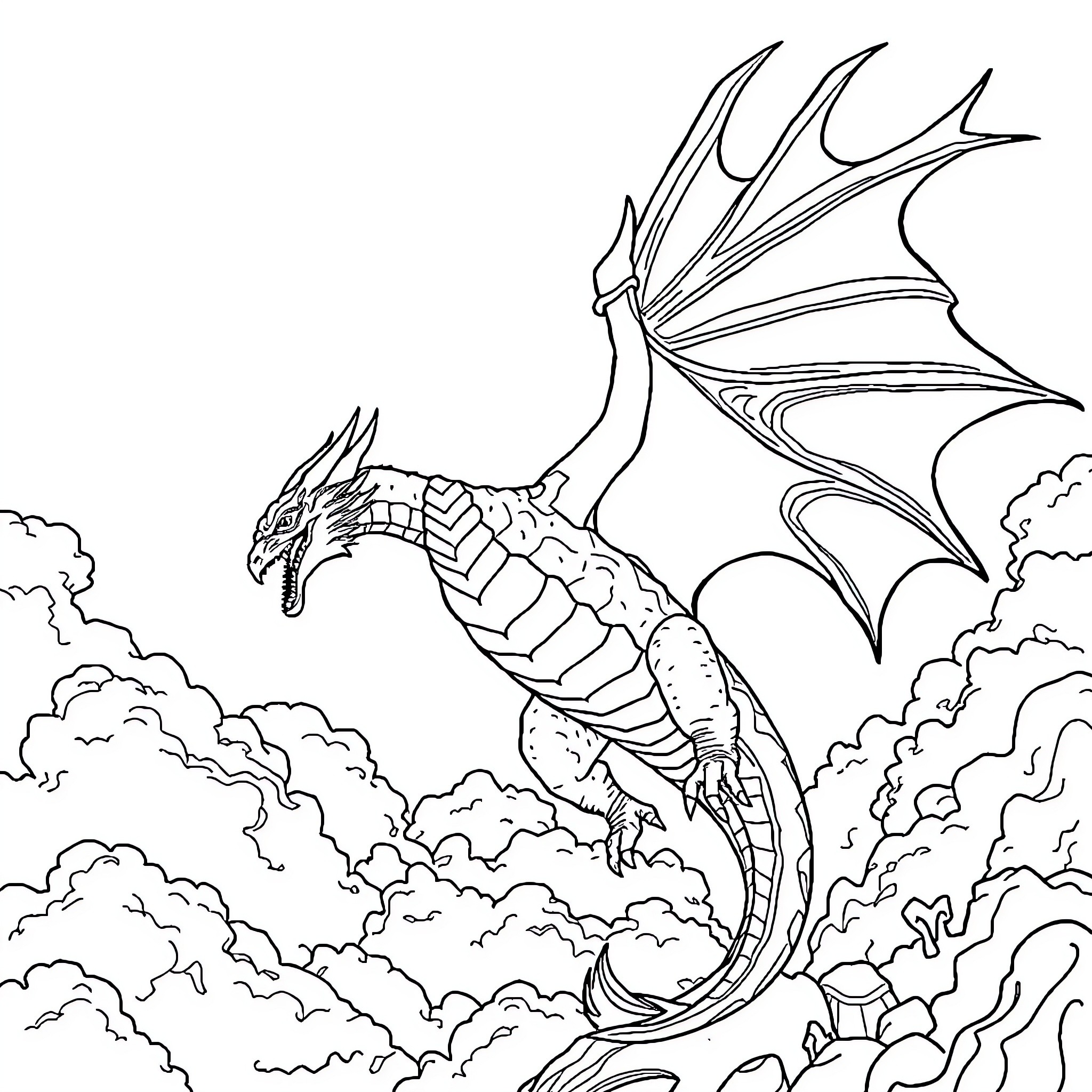 Dragon Soaring through Clouds and Sky Coloring Page (free black-and-white line drawing printable PDF for all, from beginners to advanced learners, including children, teens, adults, and seniors)