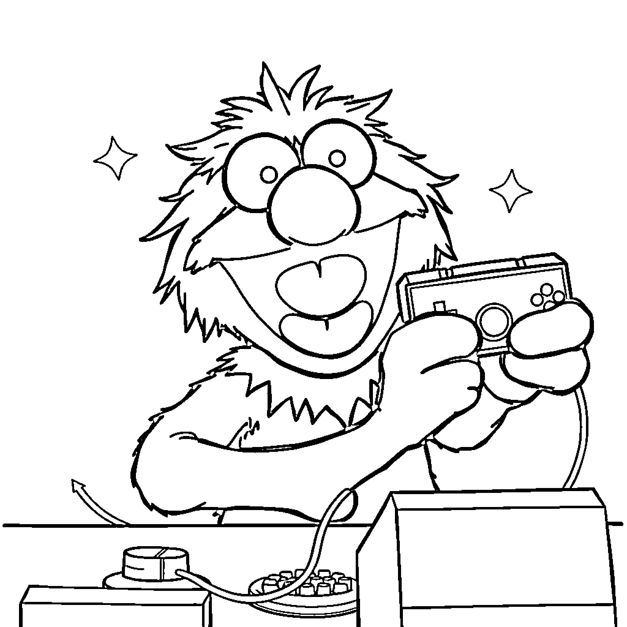 Muppet character playing video game excitedly Coloring Page (free black-and-white line drawing printable PDF for all, from beginners to advanced learners, including children, teens, adults, and seniors)